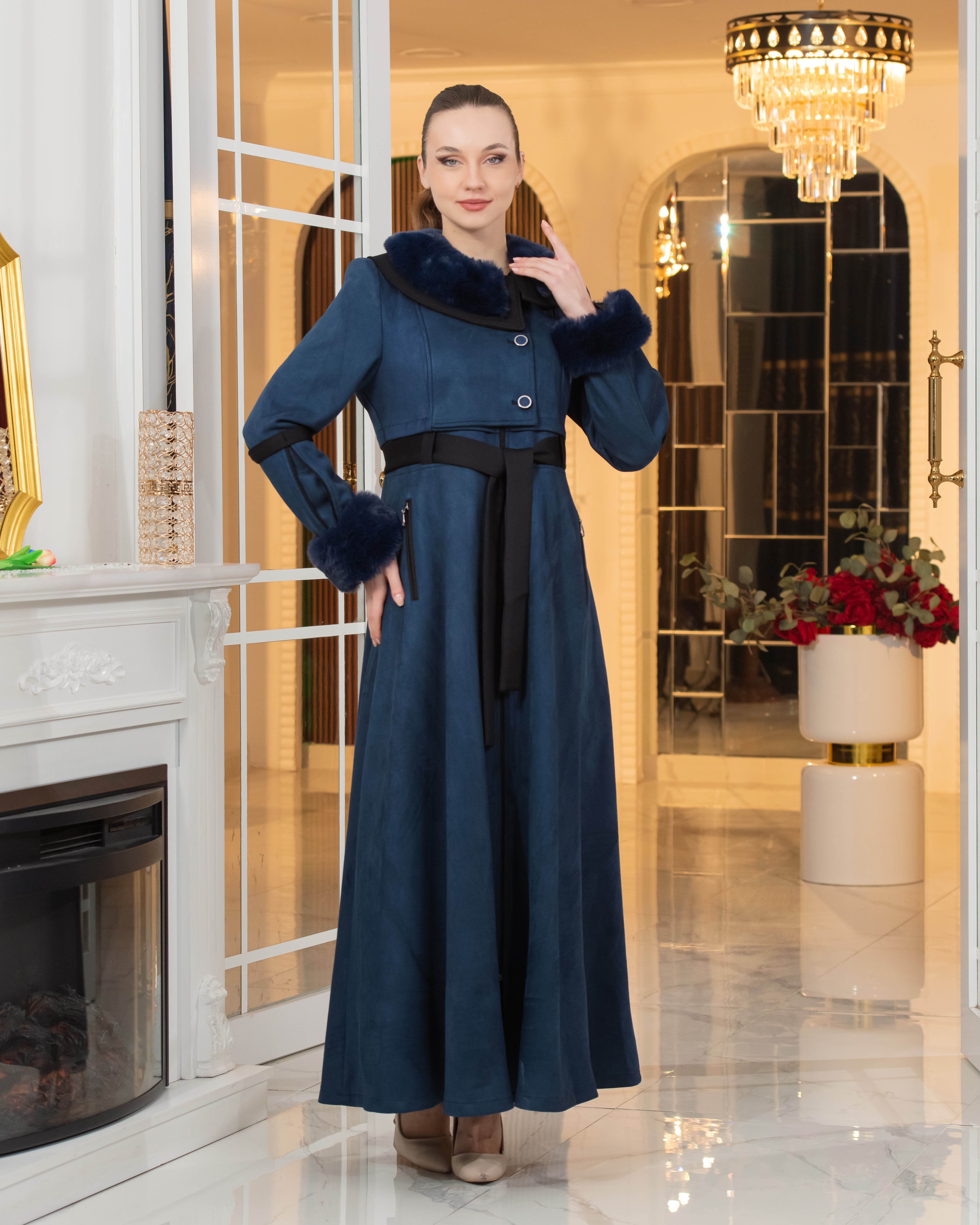 Long Suede Coat with Fur Lining - Code 1373 - deep blue