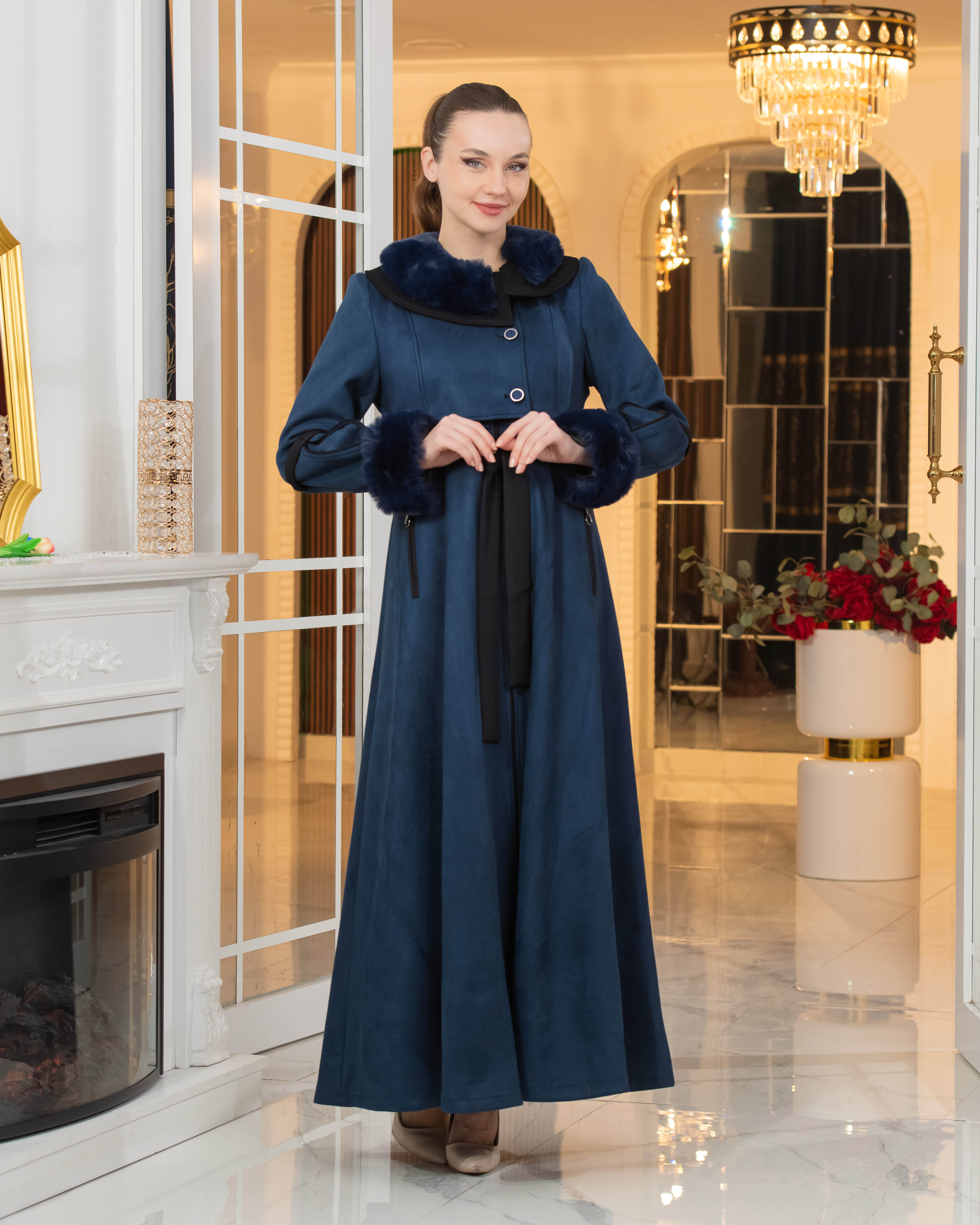 Long Suede Coat with Fur Lining - Code 1373 - deep blue