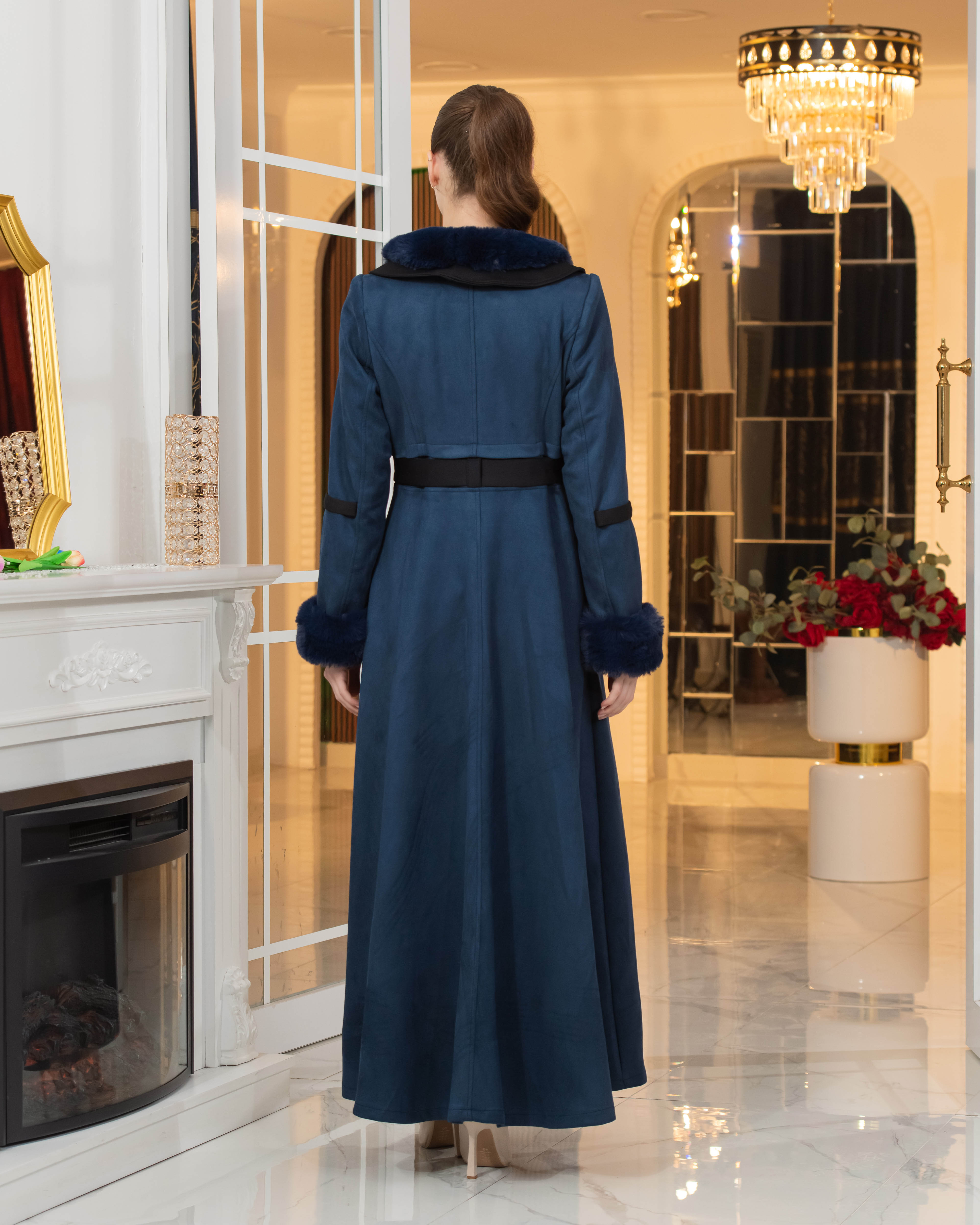 Long Suede Coat with Fur Lining - Code 1373 - deep blue