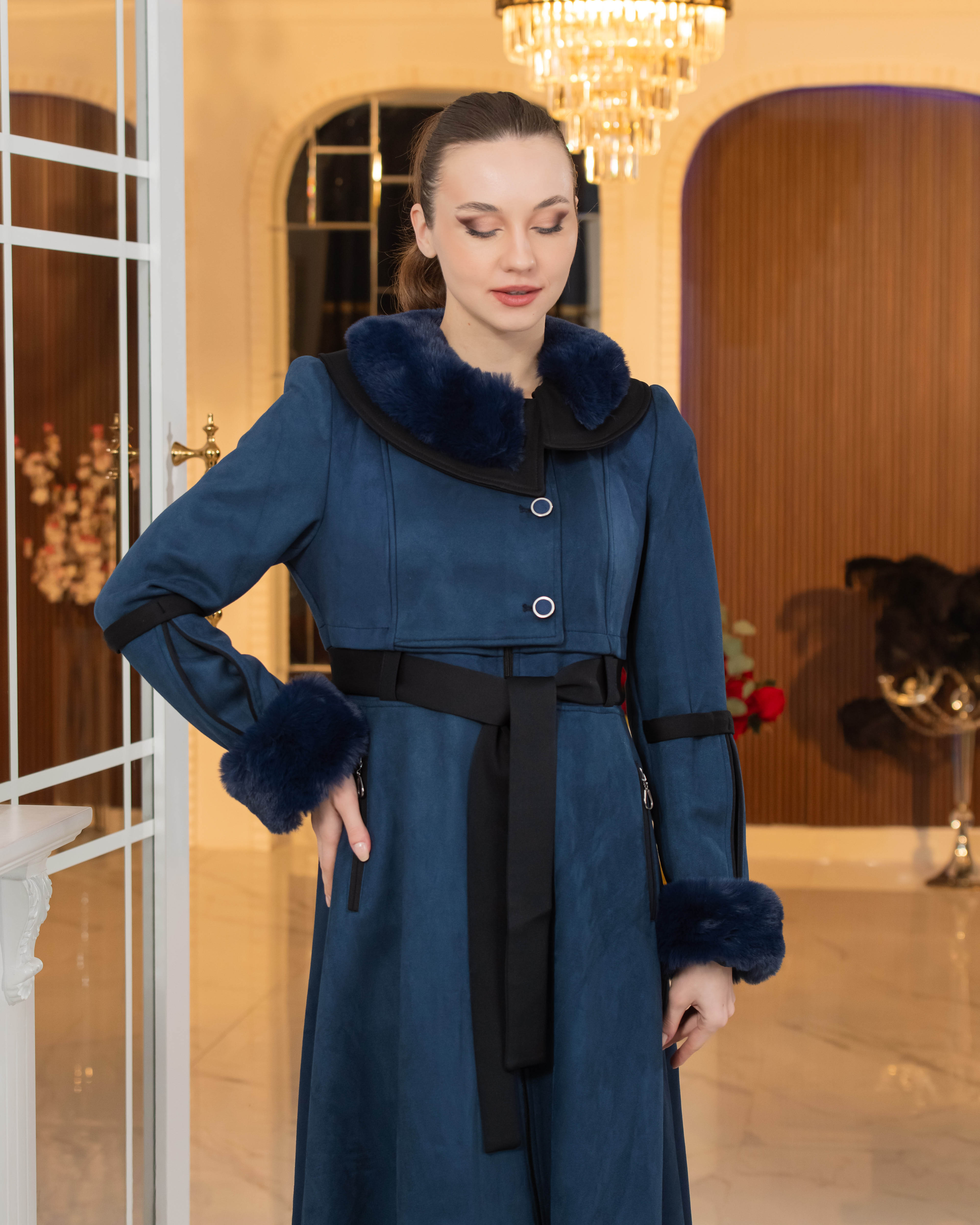 Long Suede Coat with Fur Lining - Code 1373 - deep blue