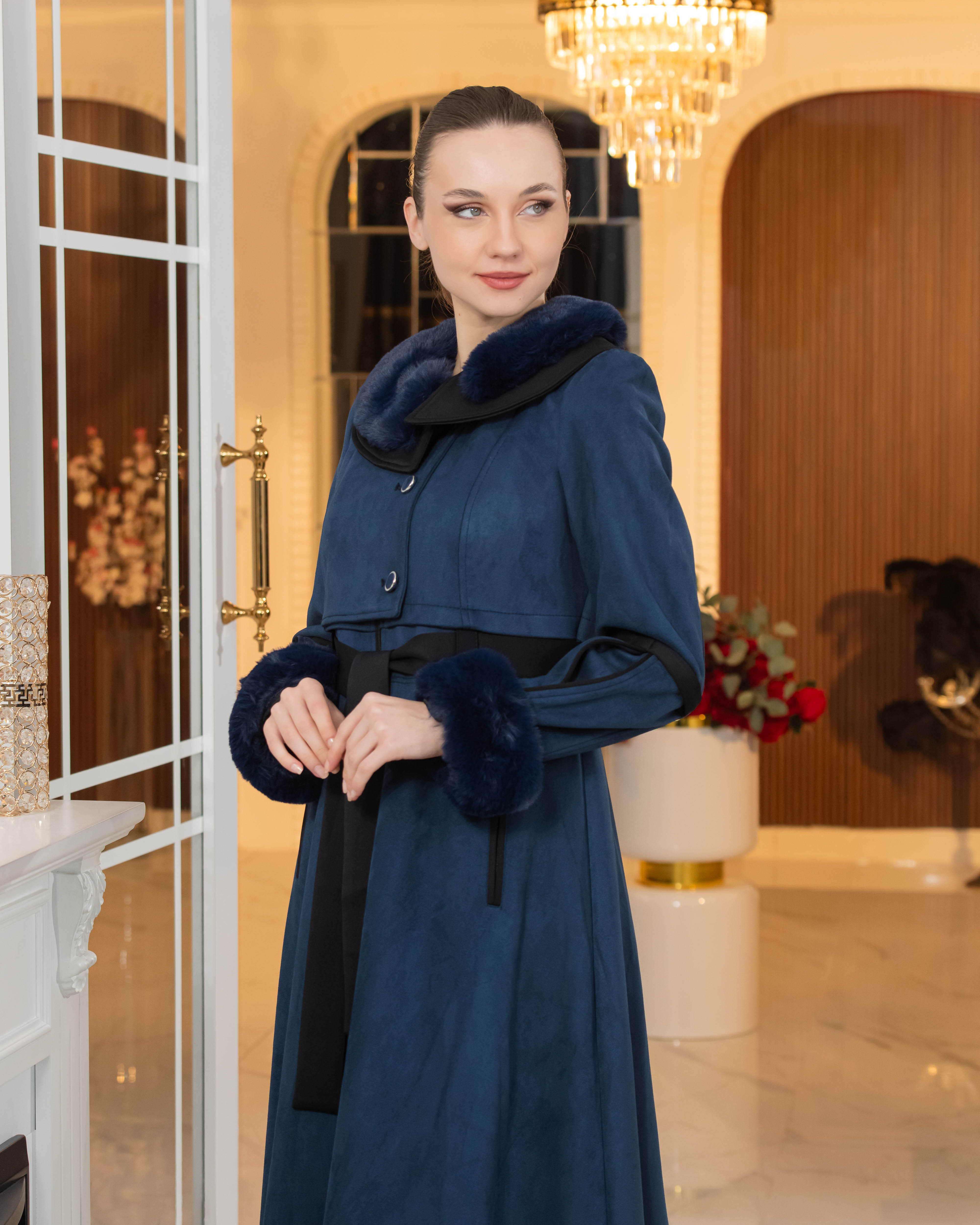 Long Suede Coat with Fur Lining - Code 1373 - deep blue