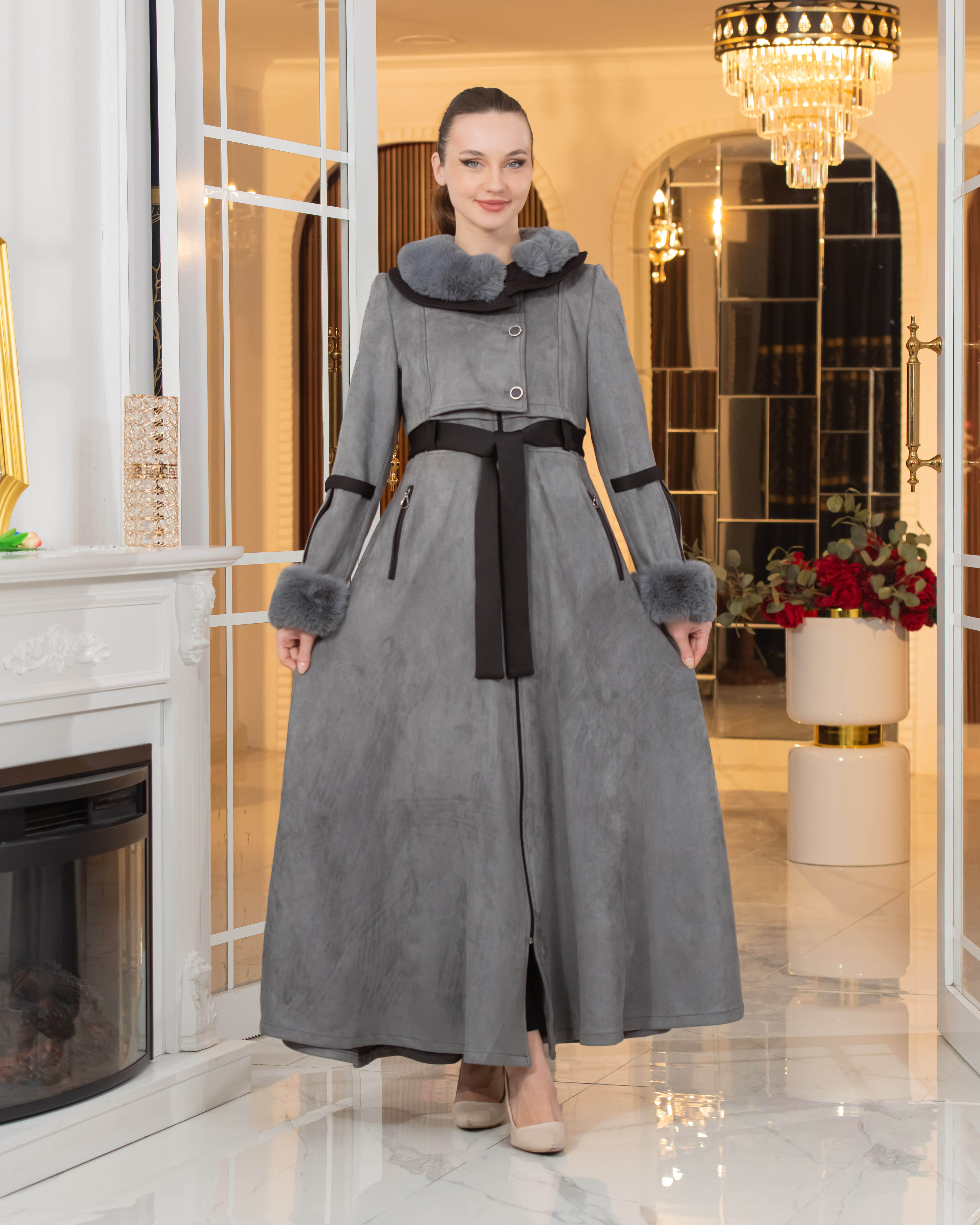 Long Suede Coat with Fur Lining - Code 1373 - gray