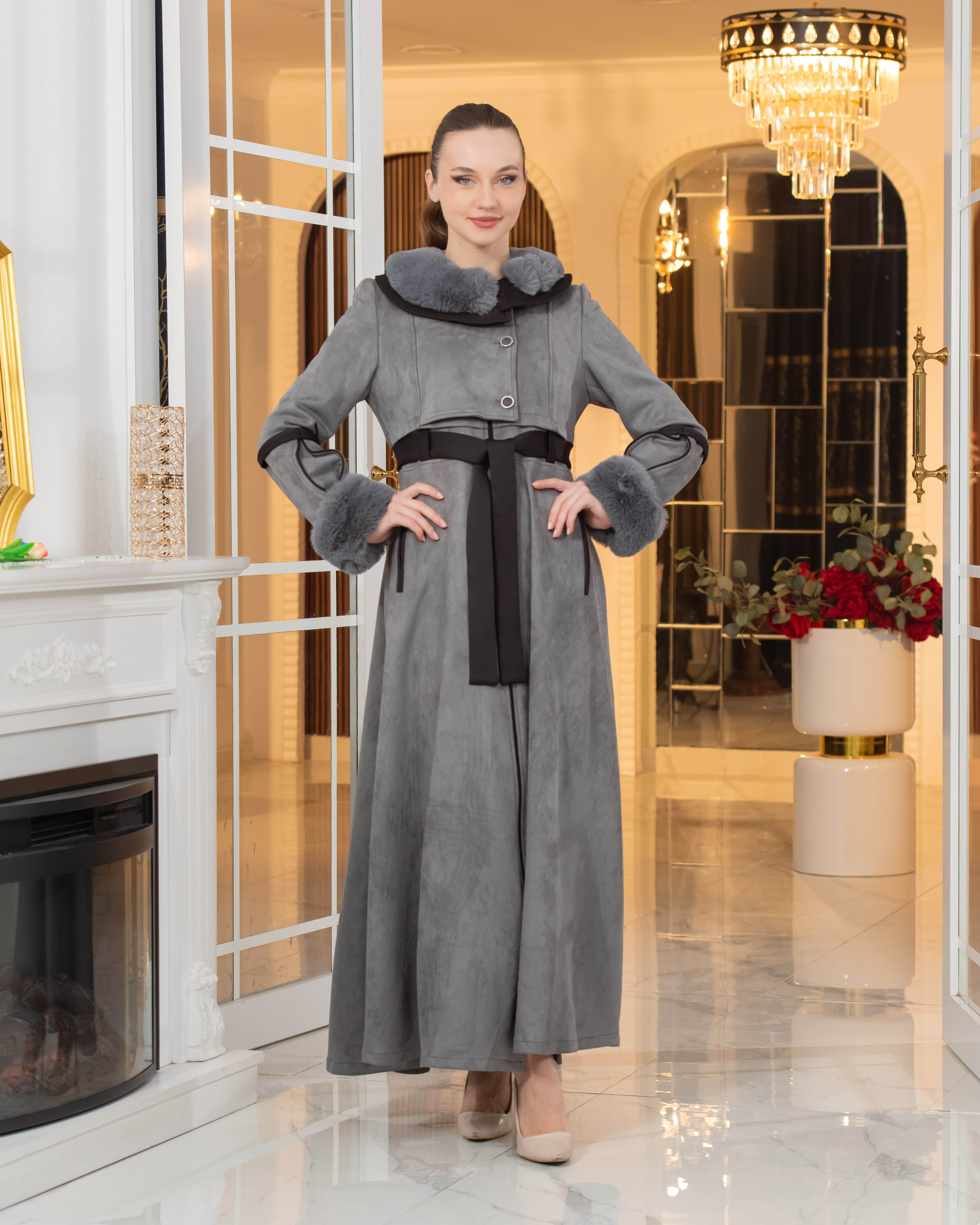 Long Suede Coat with Fur Lining - Code 1373 - gray