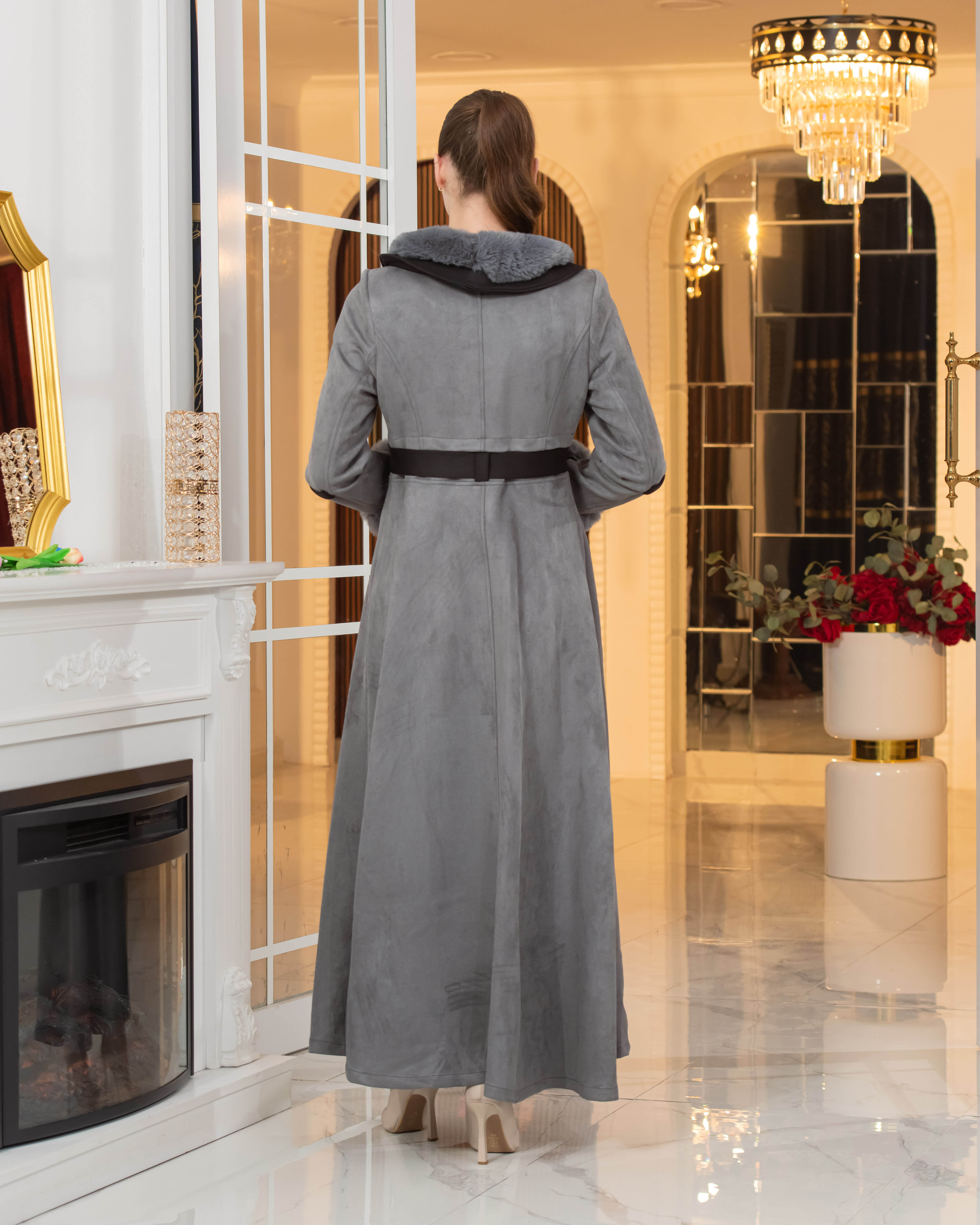 Long Suede Coat with Fur Lining - Code 1373 - gray