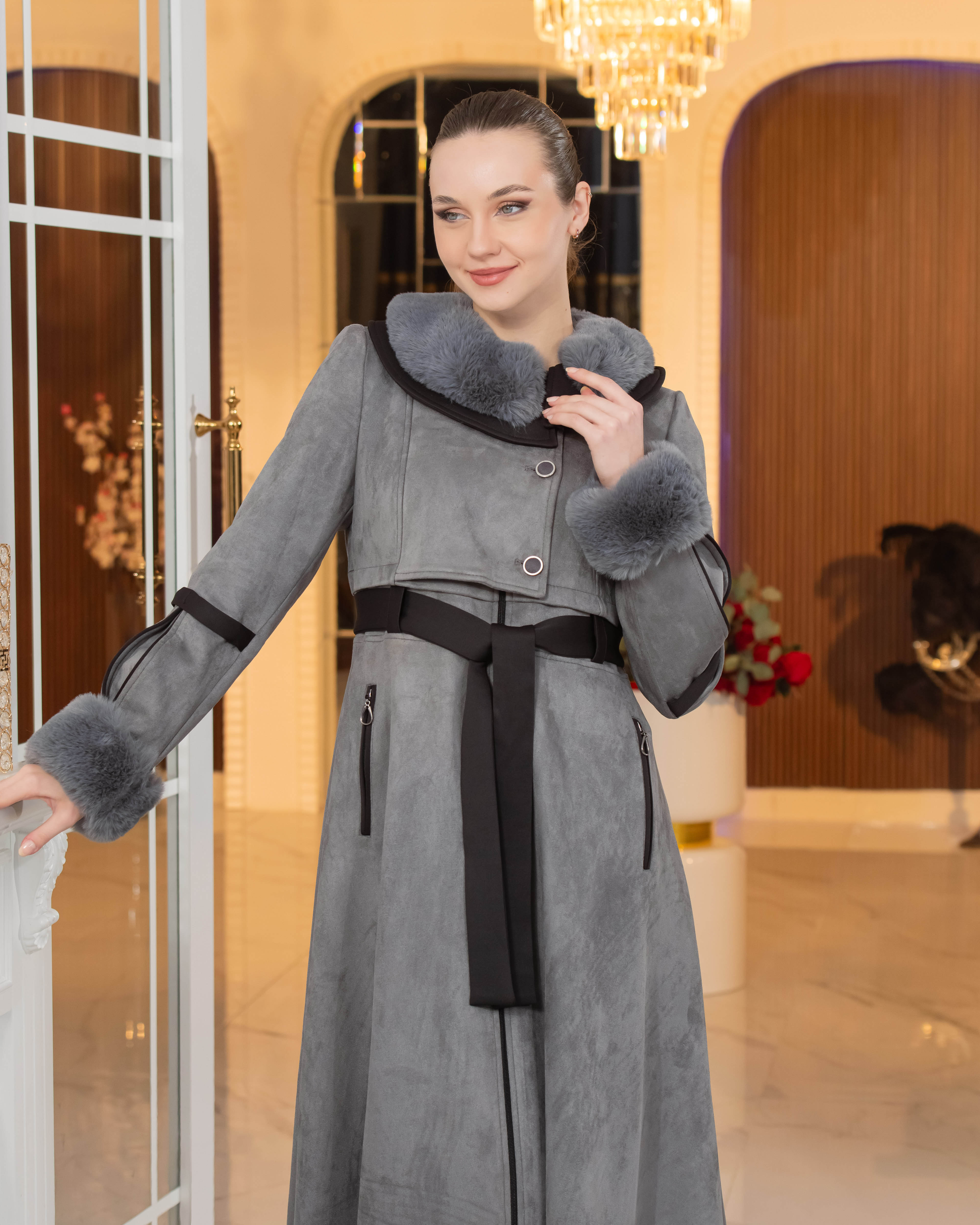 Long Suede Coat with Fur Lining - Code 1373 - gray