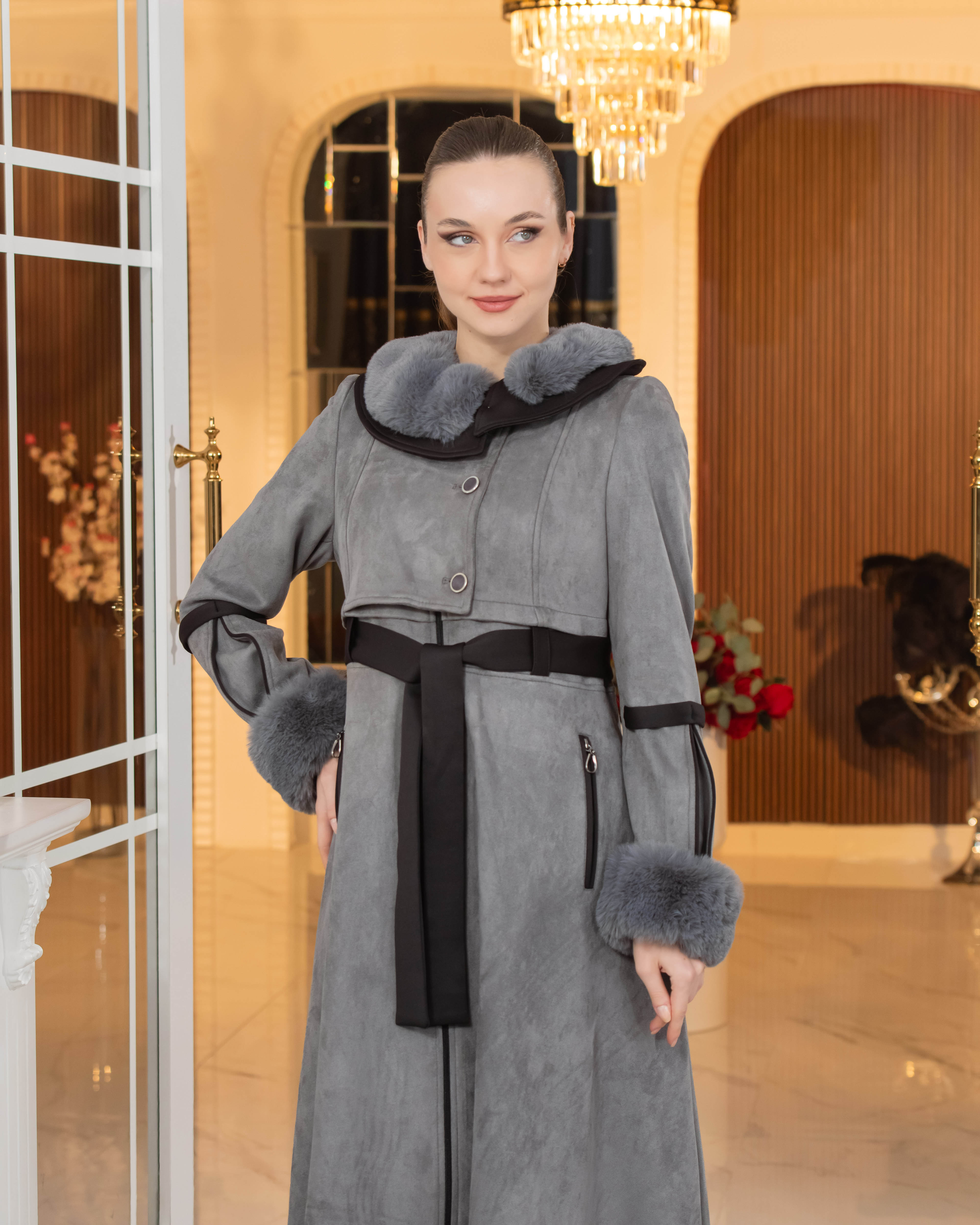 Long Suede Coat with Fur Lining - Code 1373 - gray