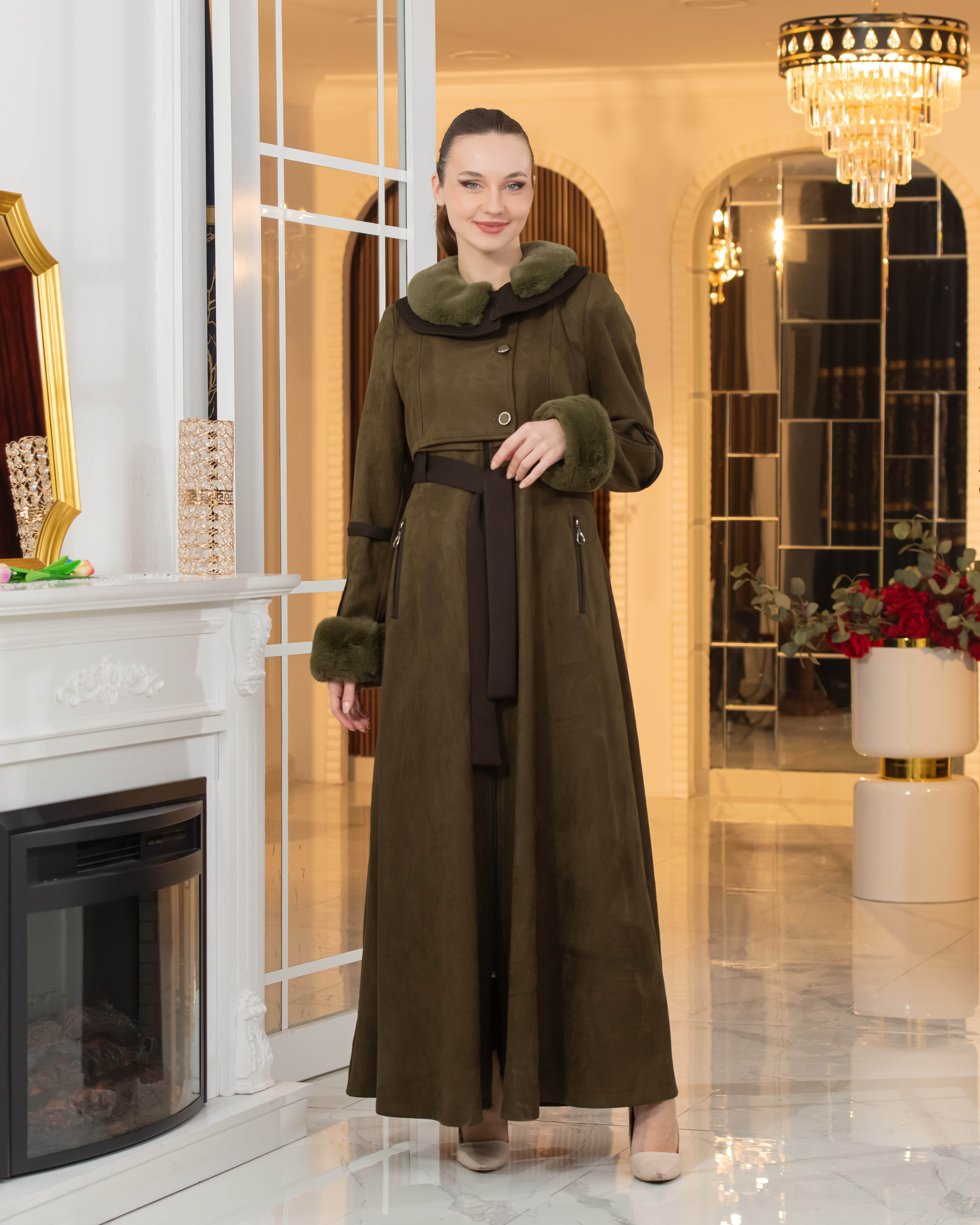 Long Suede Coat with Fur Lining - Code 1373 - khaki