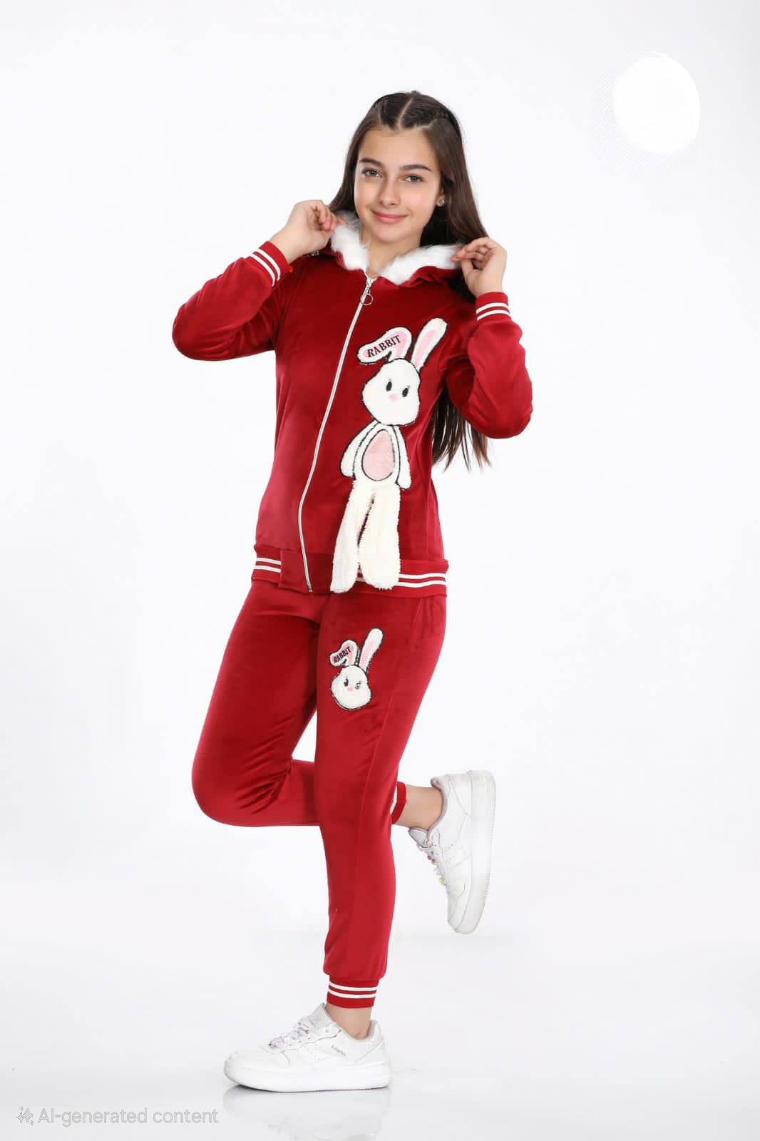 Girls Korean Velvet Pajama Set - Bunny Design - Code 3101 - burgundy