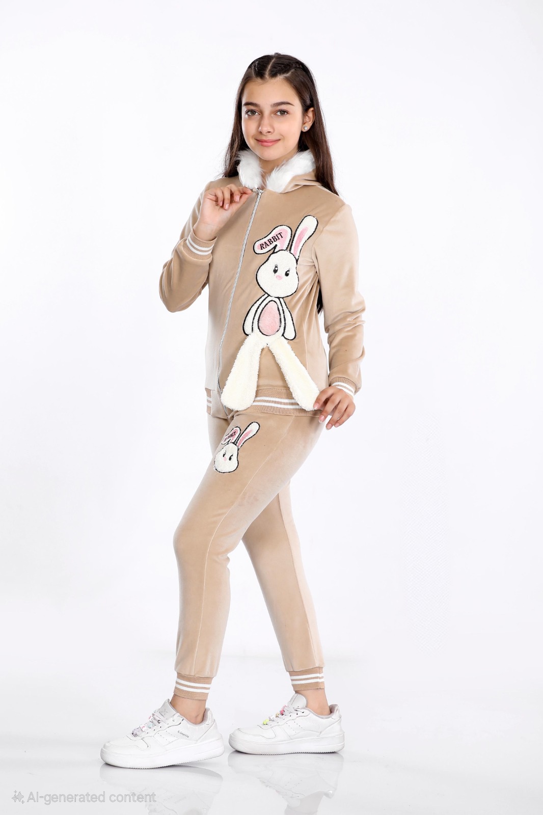 Girls Korean Velvet Pajama Set - Bunny Design - Code 3101 - beige