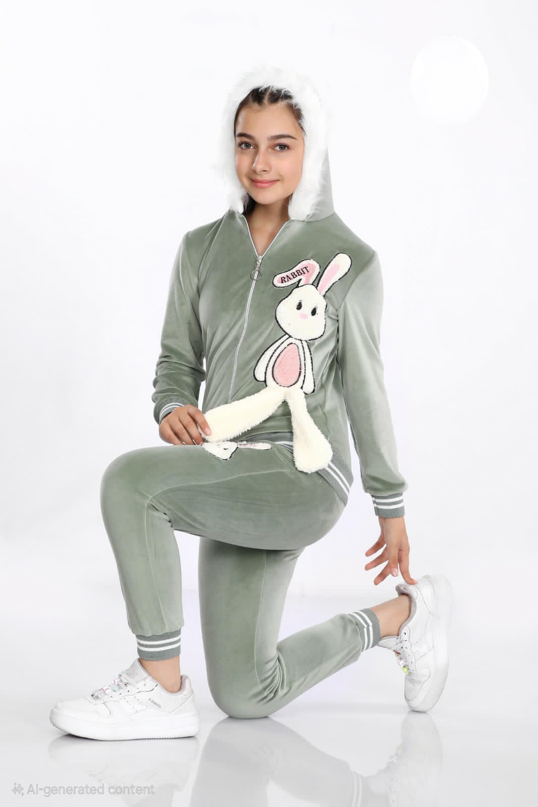 Girls Korean Velvet Pajama Set - Bunny Design - Code 3101 - khaki