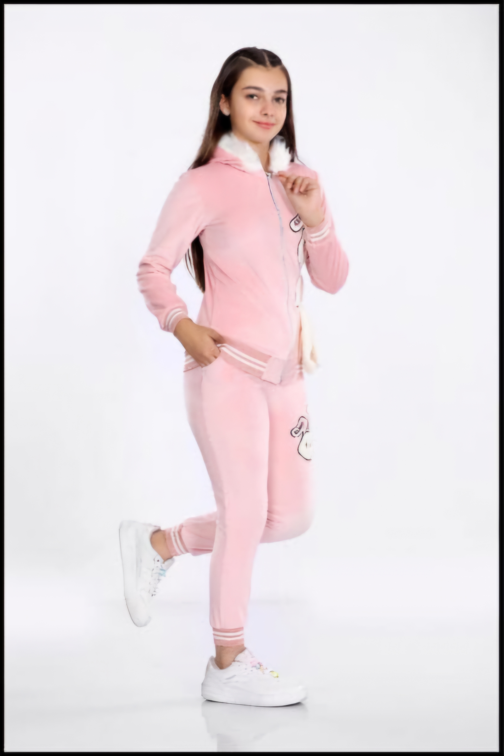 Girls Korean Velvet Pajama Set - Bunny Design - Code 3101 - powder pink/ dusty pink