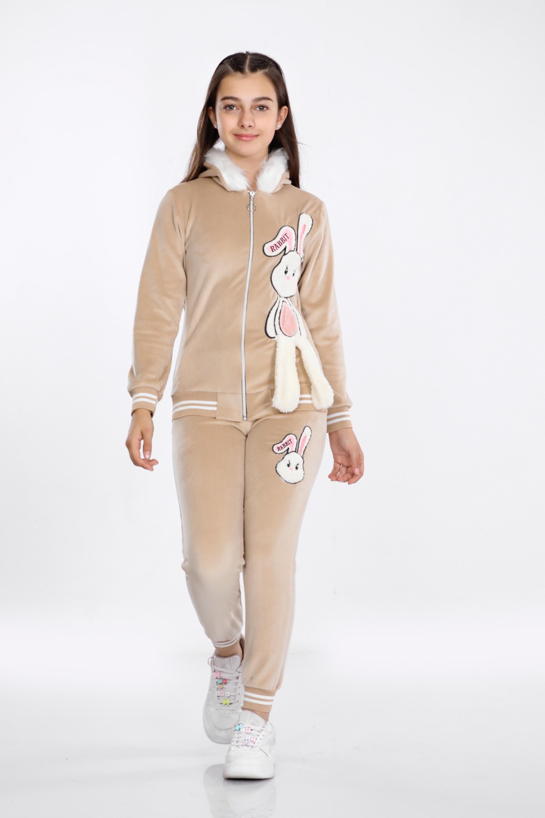 Girls Korean Velvet Pajama Set - Bunny Design - Code 3101 - beige