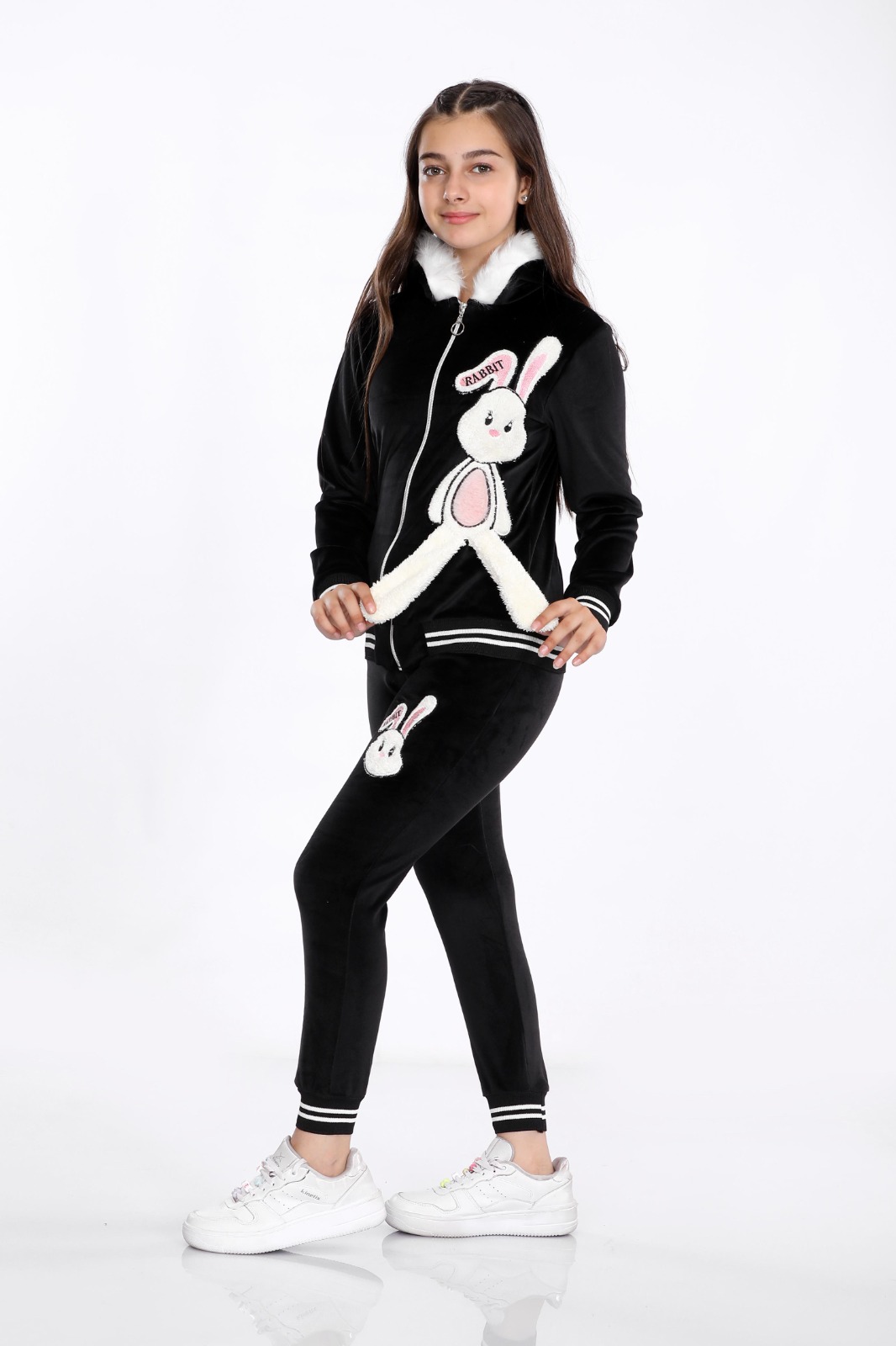 Girls Korean Velvet Pajama Set - Bunny Design - Code 3101 - black