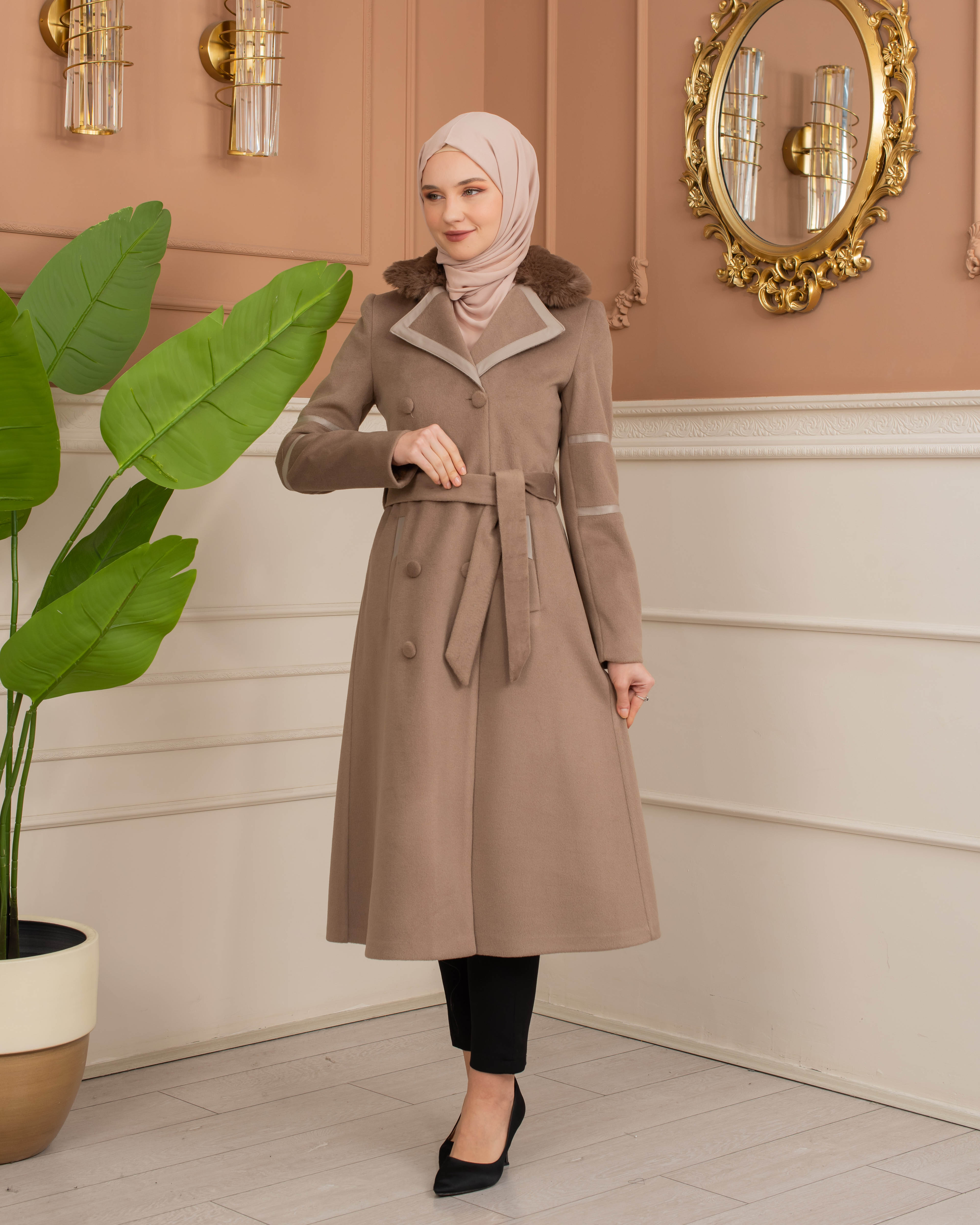 Womens Mohair Wool Trench Coat "Winter Elegance" - Code 1371 - light brown