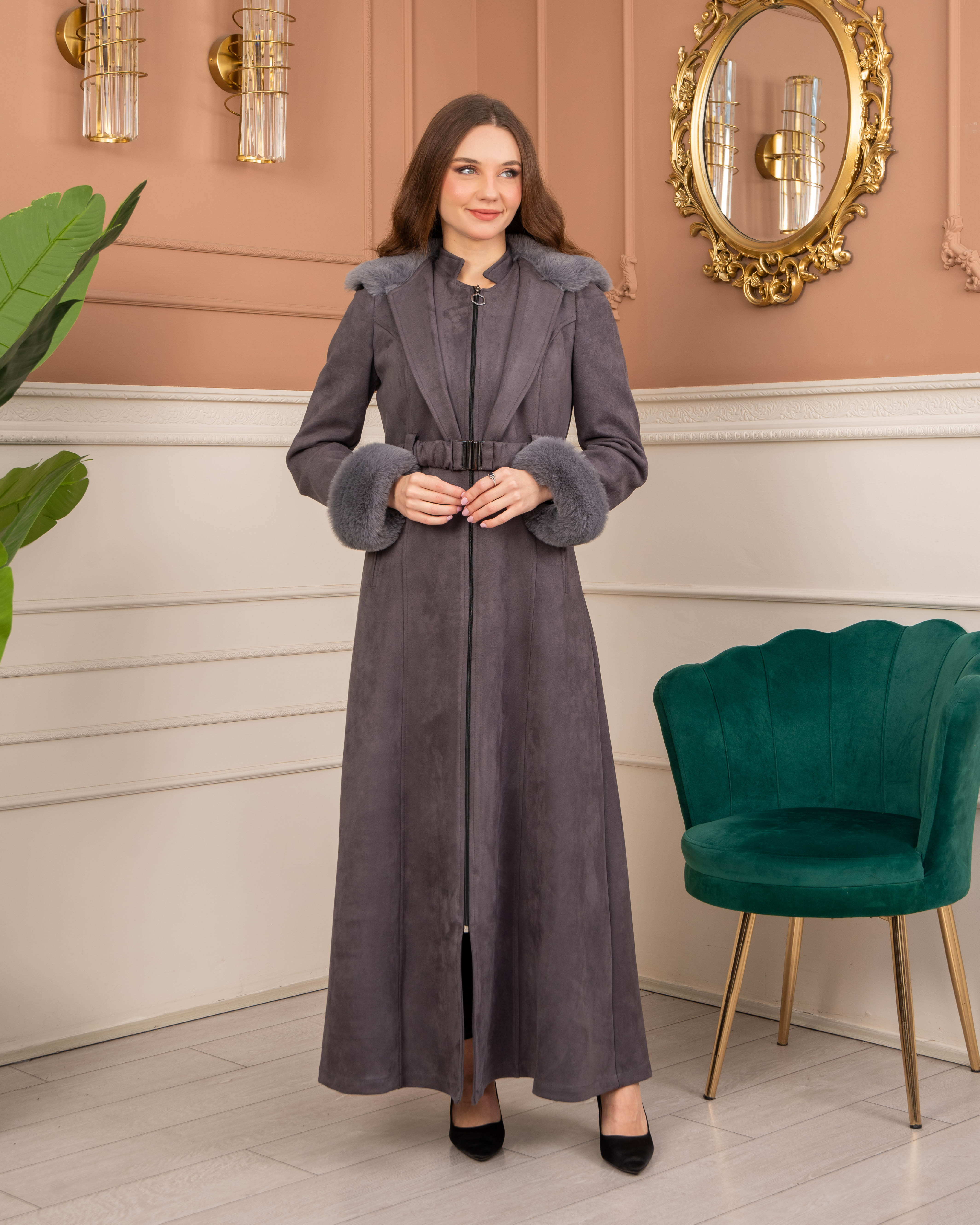 Velvet Suede Trench Coat with Faux Fur Lining, Code 1368 - gray