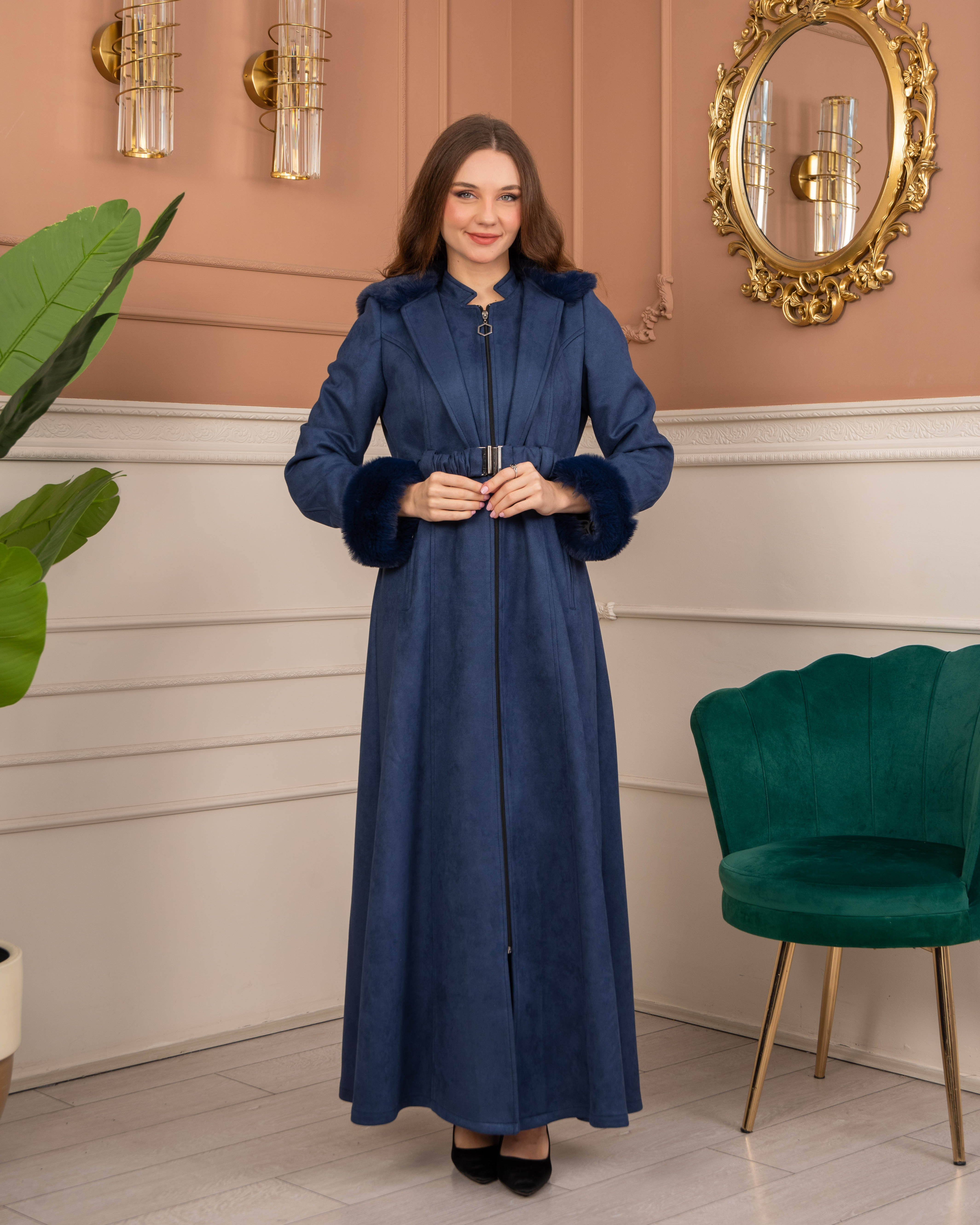 Velvet Suede Trench Coat with Faux Fur Lining, Code 1368 - deep blue