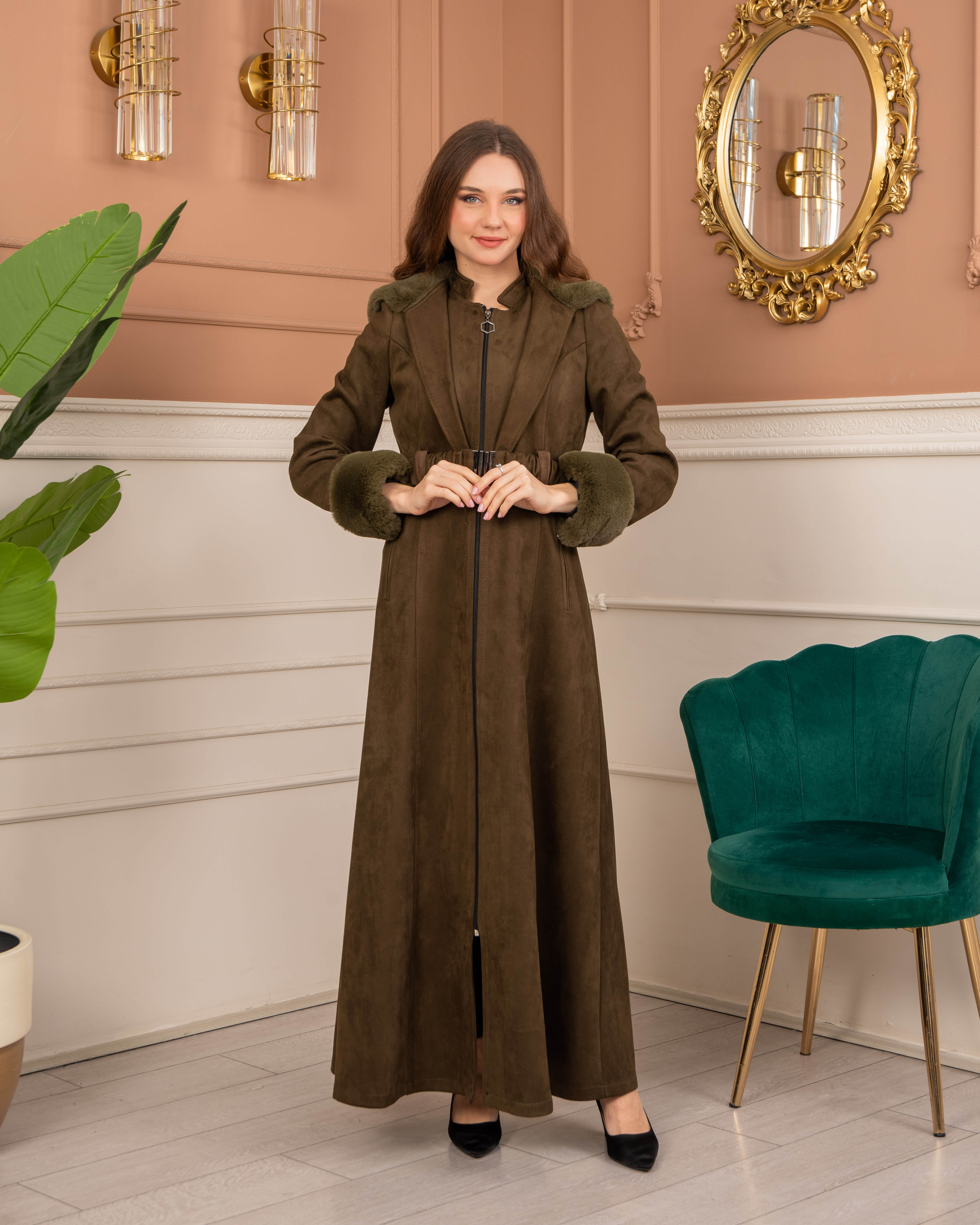 Velvet Suede Trench Coat with Faux Fur Lining, Code 1368 - khaki