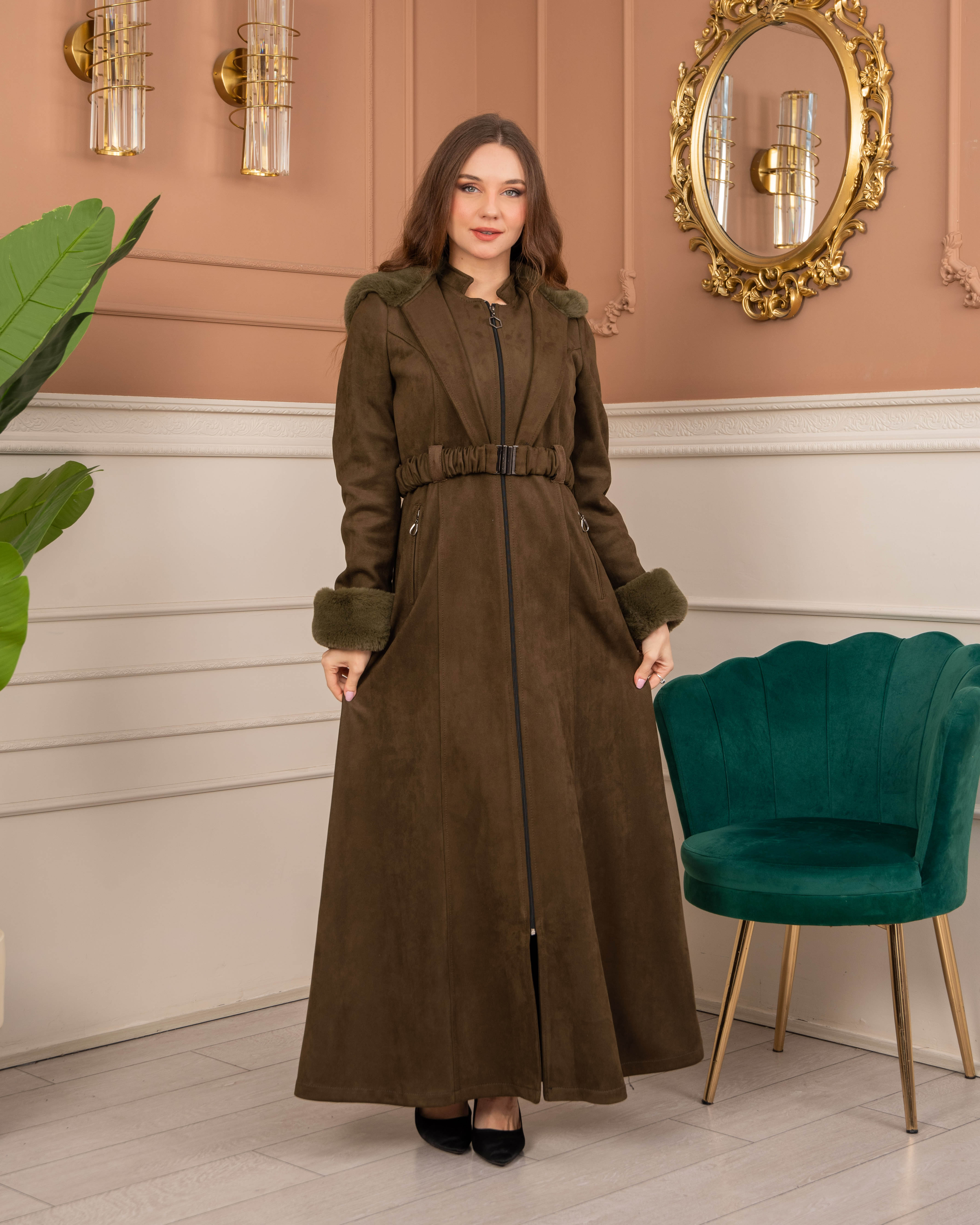 Velvet Suede Trench Coat with Faux Fur Lining, Code 1368 - khaki