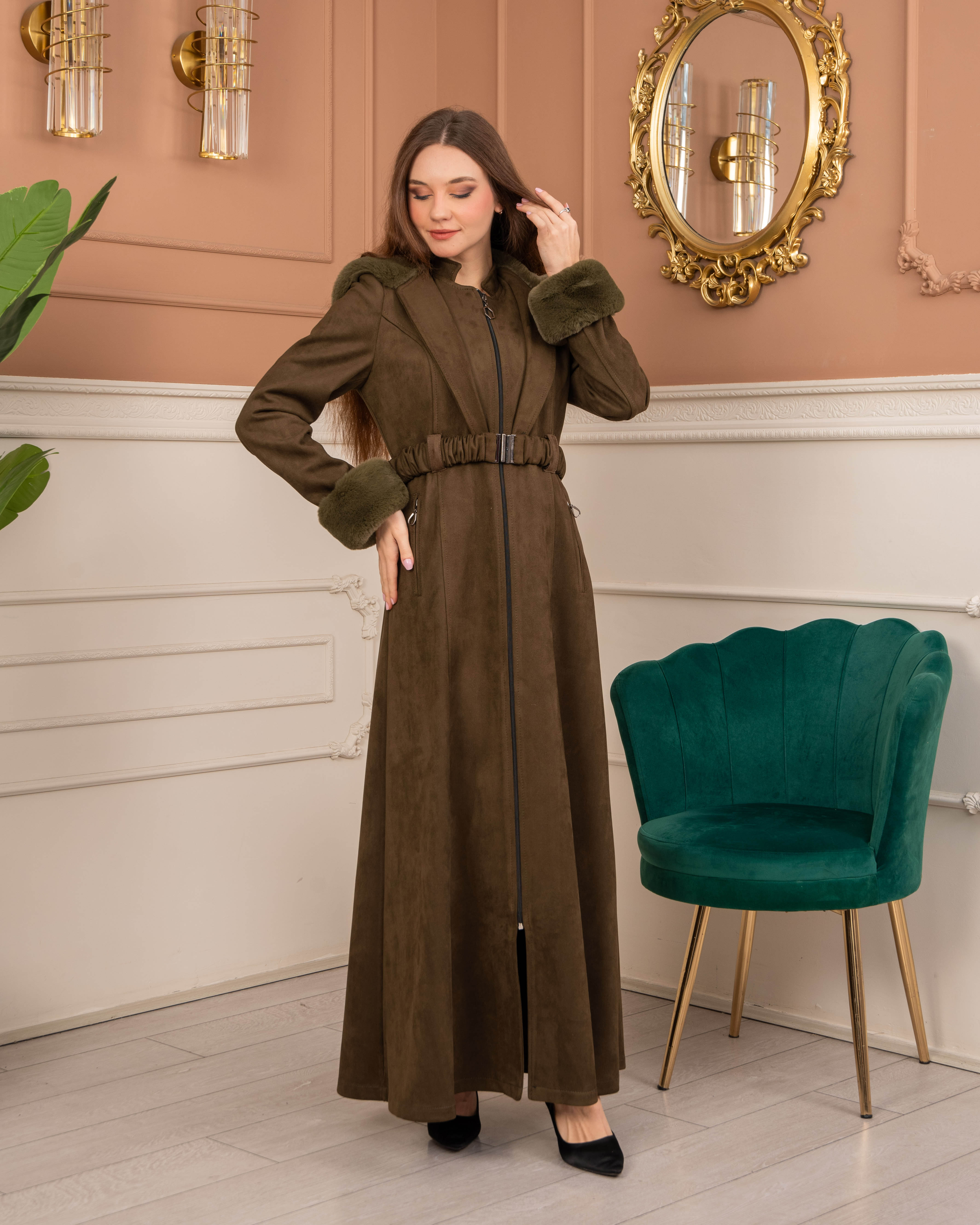 Velvet Suede Trench Coat with Faux Fur Lining, Code 1368 - khaki