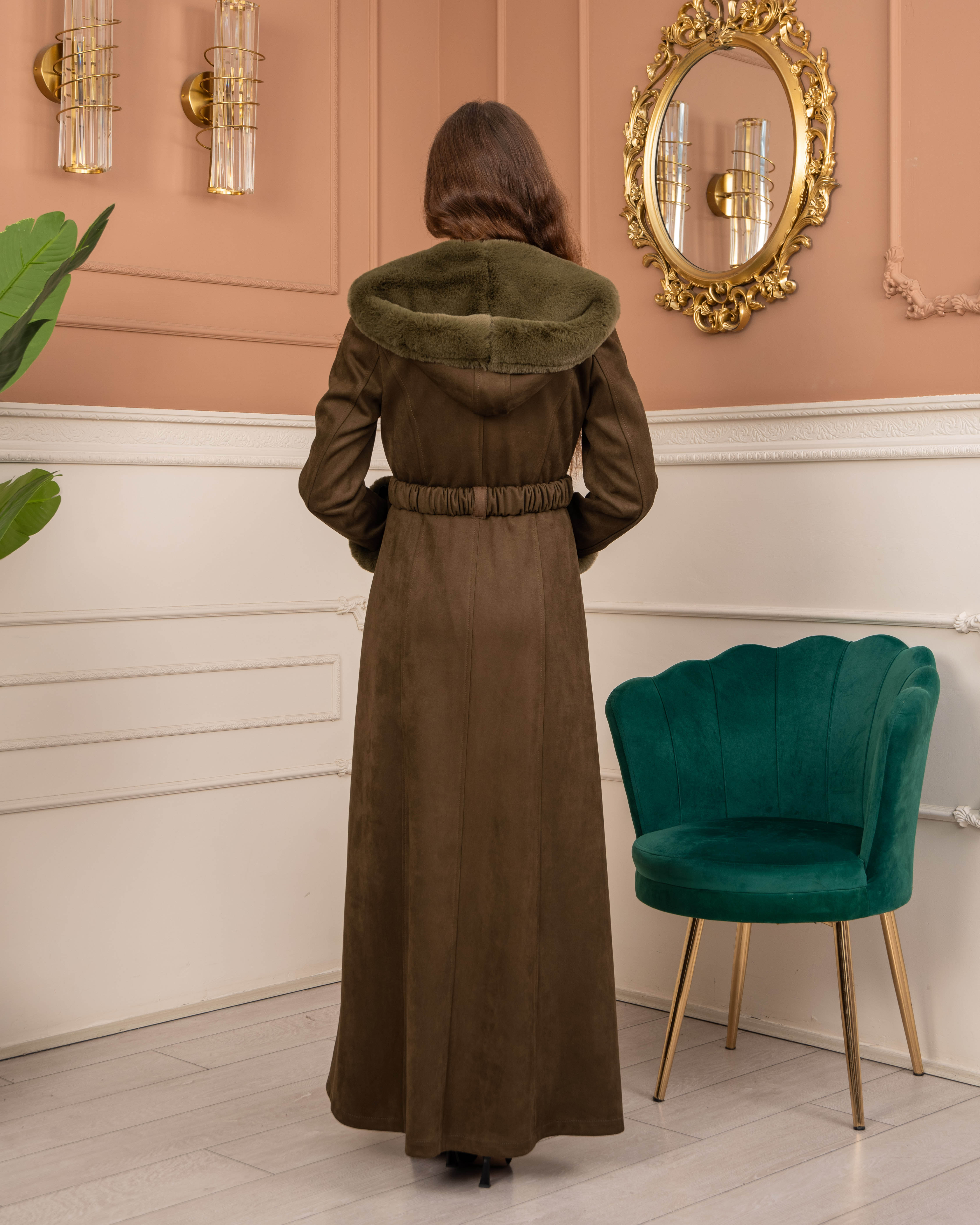 Velvet Suede Trench Coat with Faux Fur Lining, Code 1368 - khaki