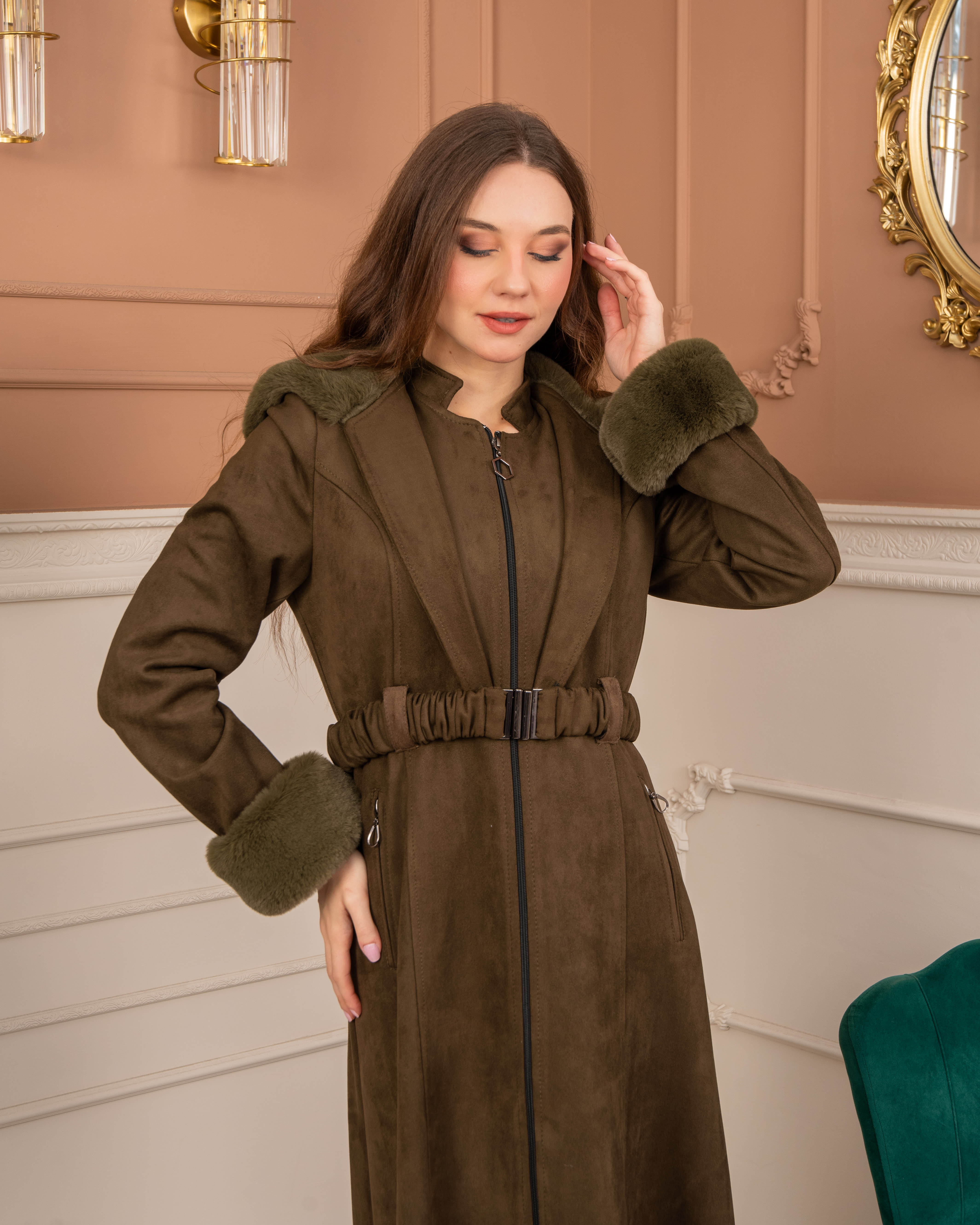 Velvet Suede Trench Coat with Faux Fur Lining, Code 1368 - khaki