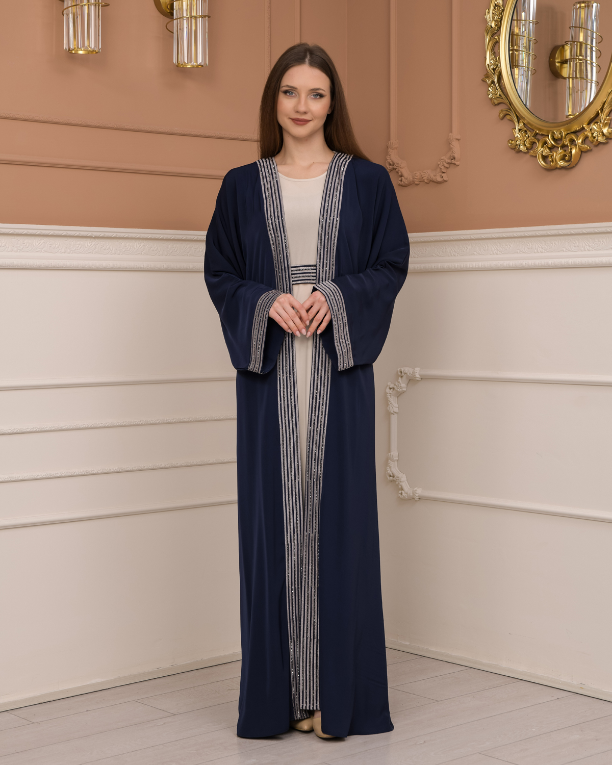 2-PIECE SET EMBROIDERED ABAYA AND DRESS 680 - deep blue