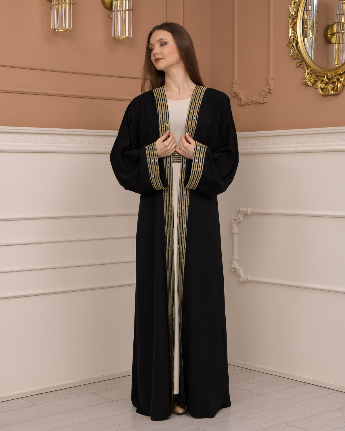 2-PIECE SET EMBROIDERED ABAYA AND DRESS 680 - black