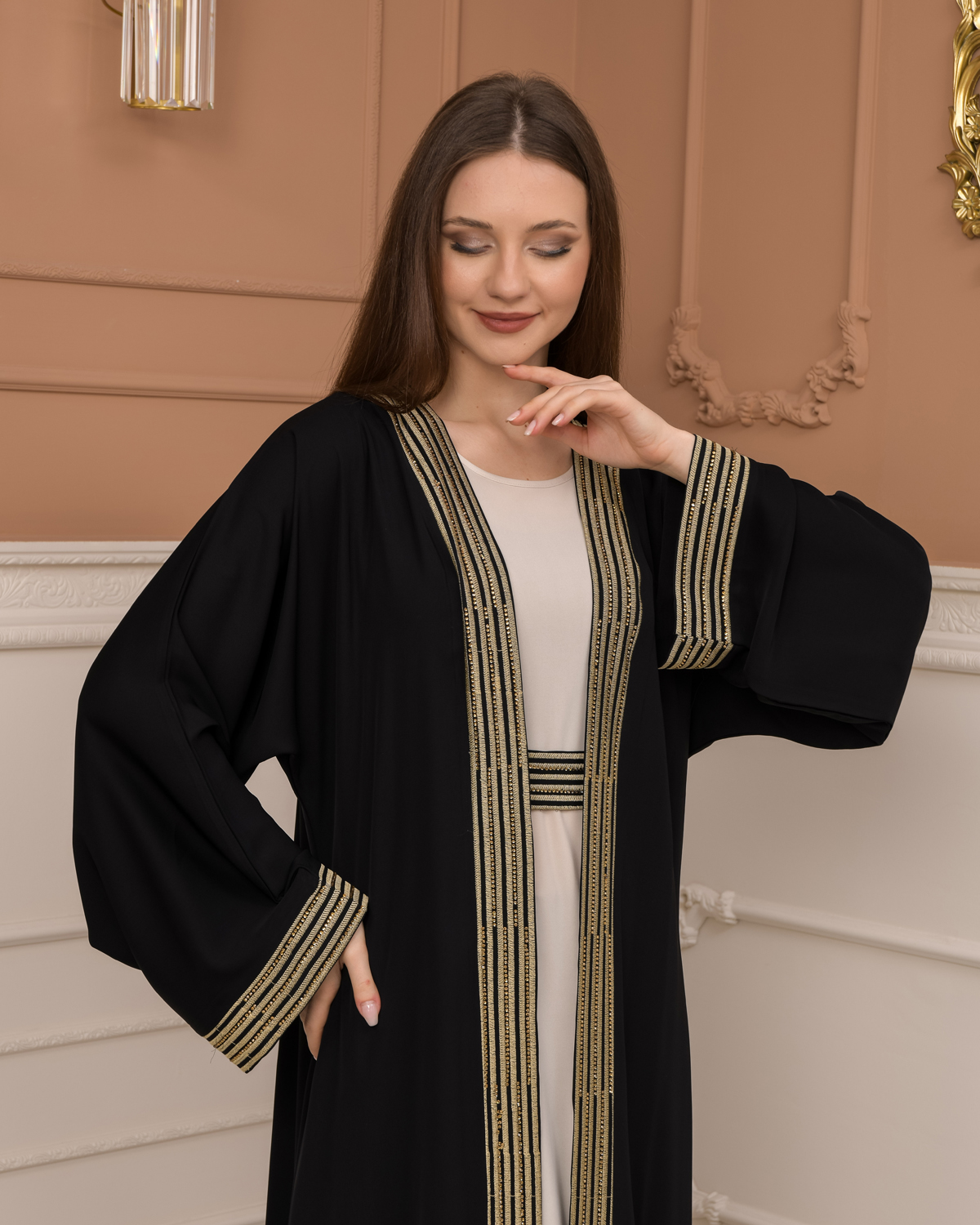 2-PIECE SET EMBROIDERED ABAYA AND DRESS 680 - black