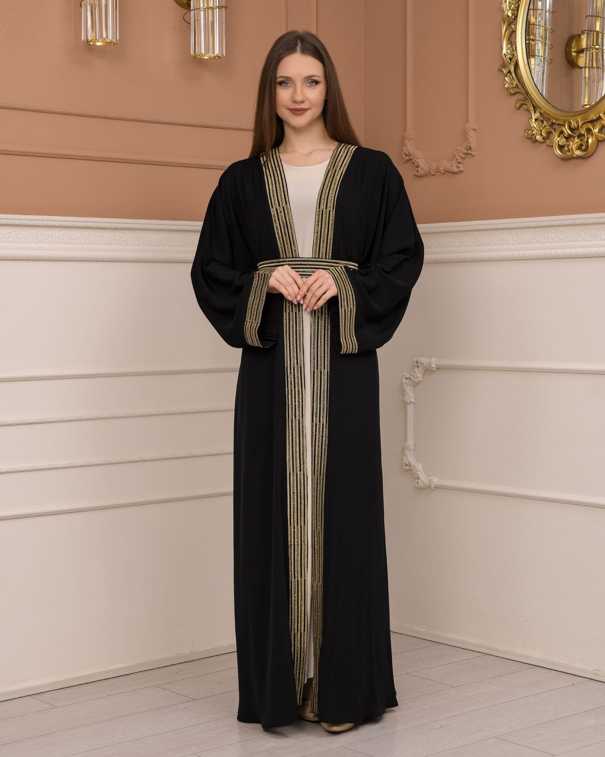 2-PIECE SET EMBROIDERED ABAYA AND DRESS 680 - black