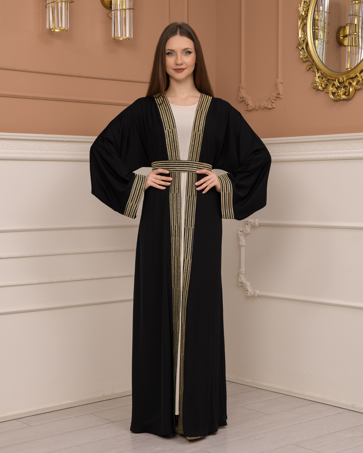 2-PIECE SET EMBROIDERED ABAYA AND DRESS 680 - black