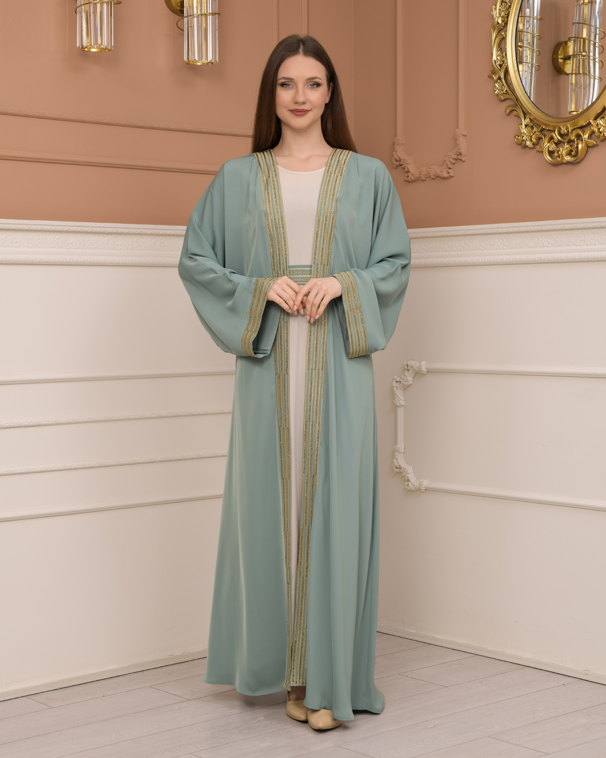 2-PIECE SET EMBROIDERED ABAYA AND DRESS 680 - mint