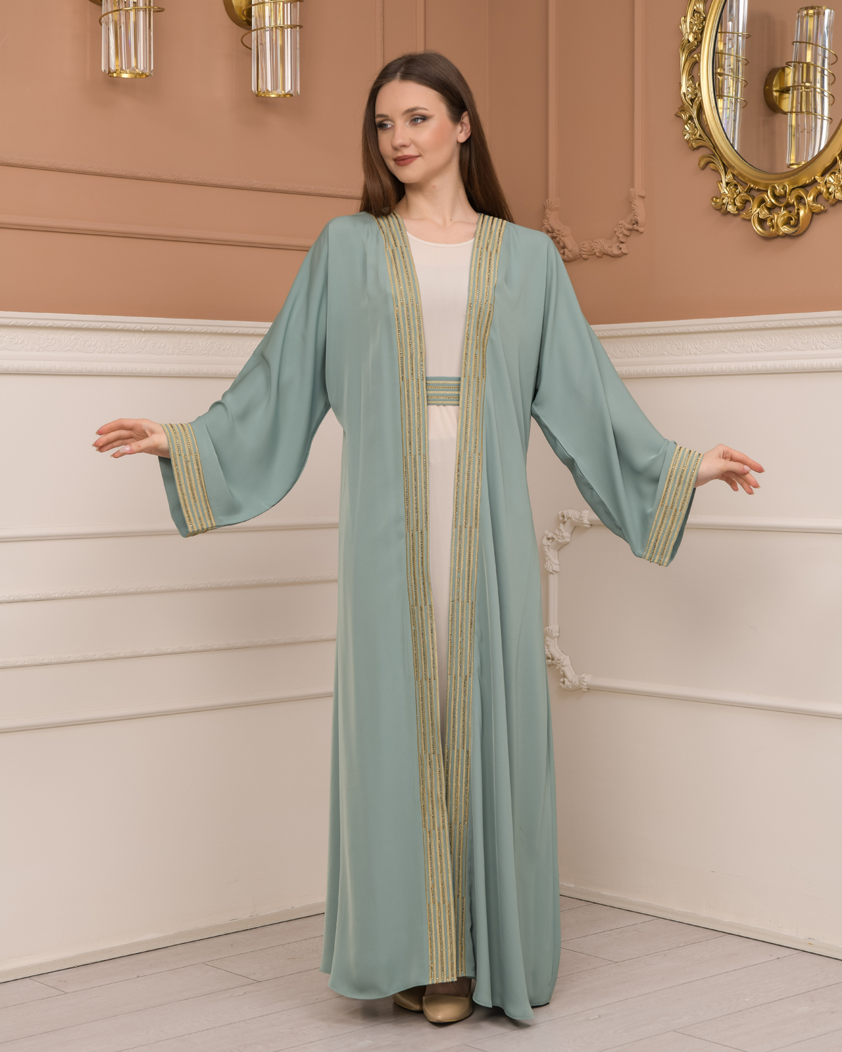 2-PIECE SET EMBROIDERED ABAYA AND DRESS 680 - mint