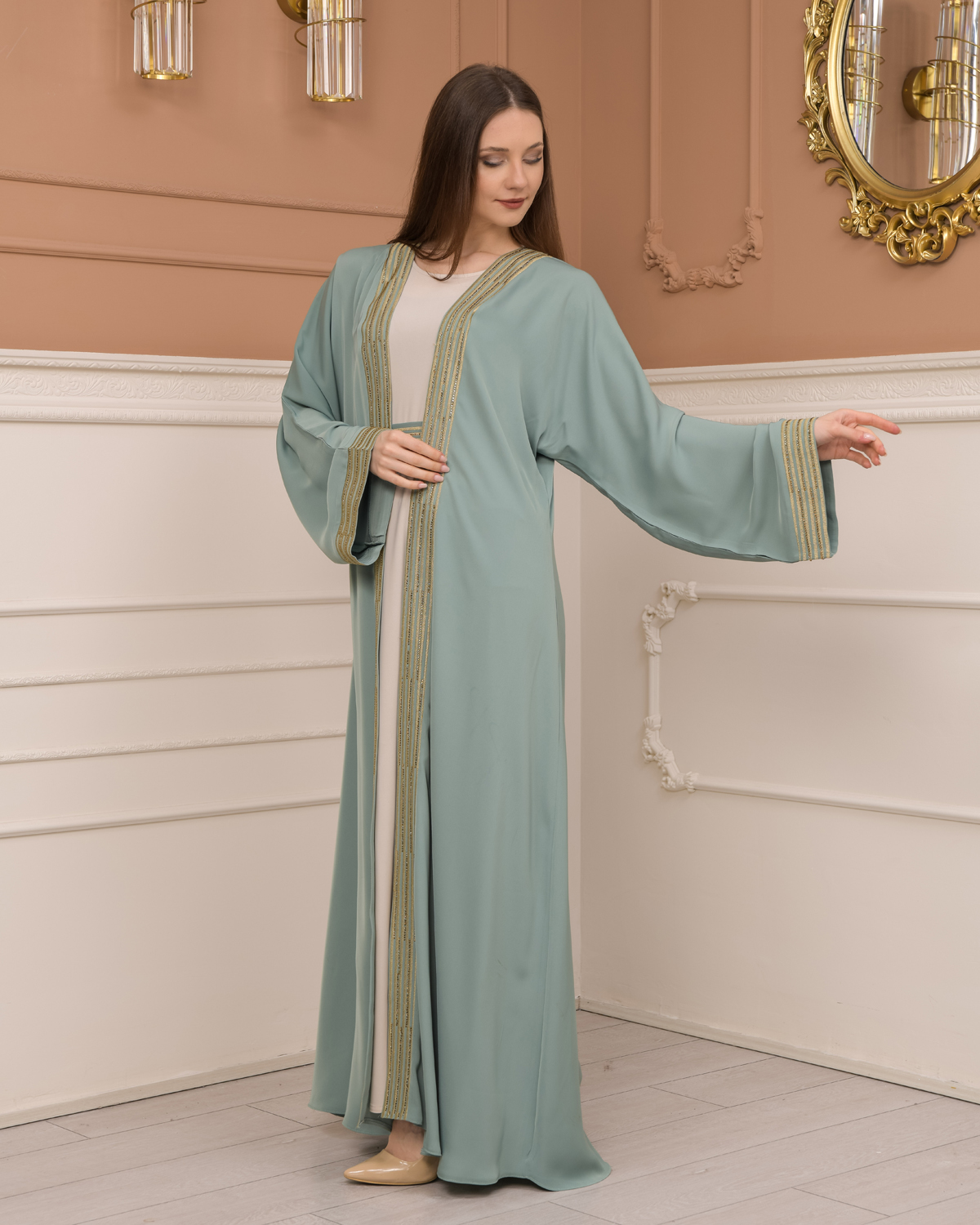 2-PIECE SET EMBROIDERED ABAYA AND DRESS 680 - mint