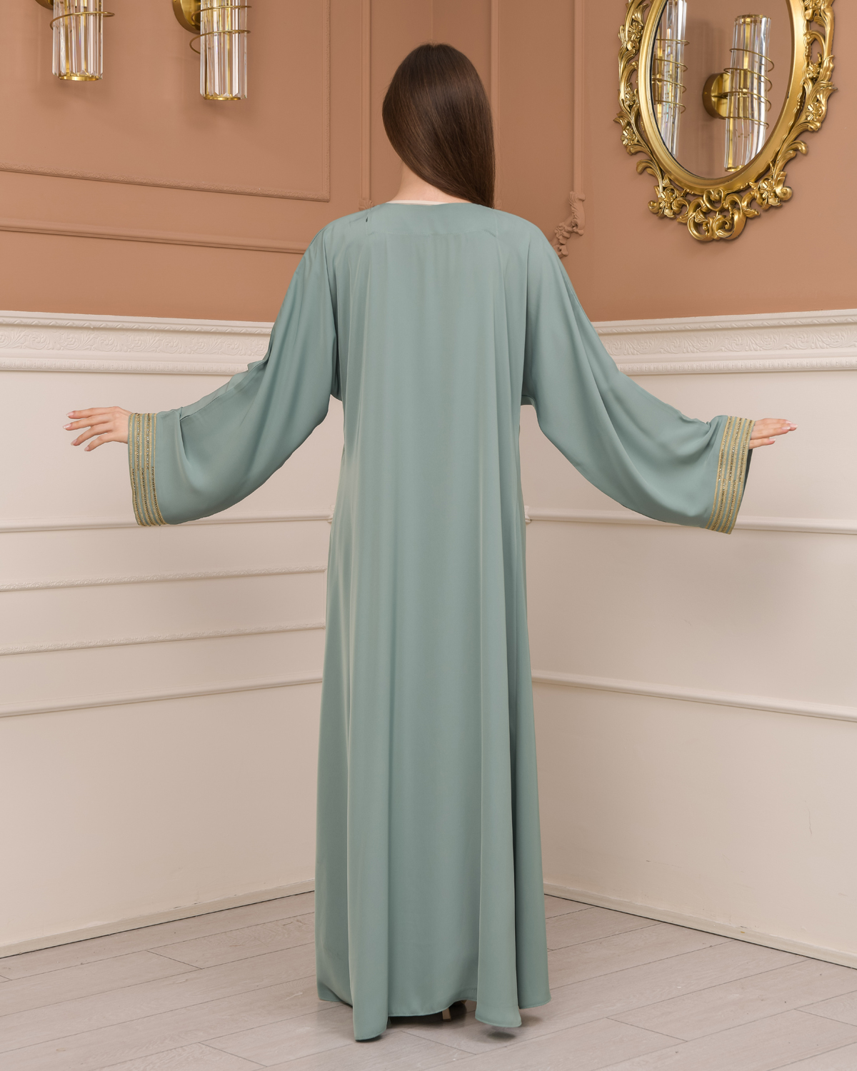 2-PIECE SET EMBROIDERED ABAYA AND DRESS 680 - mint