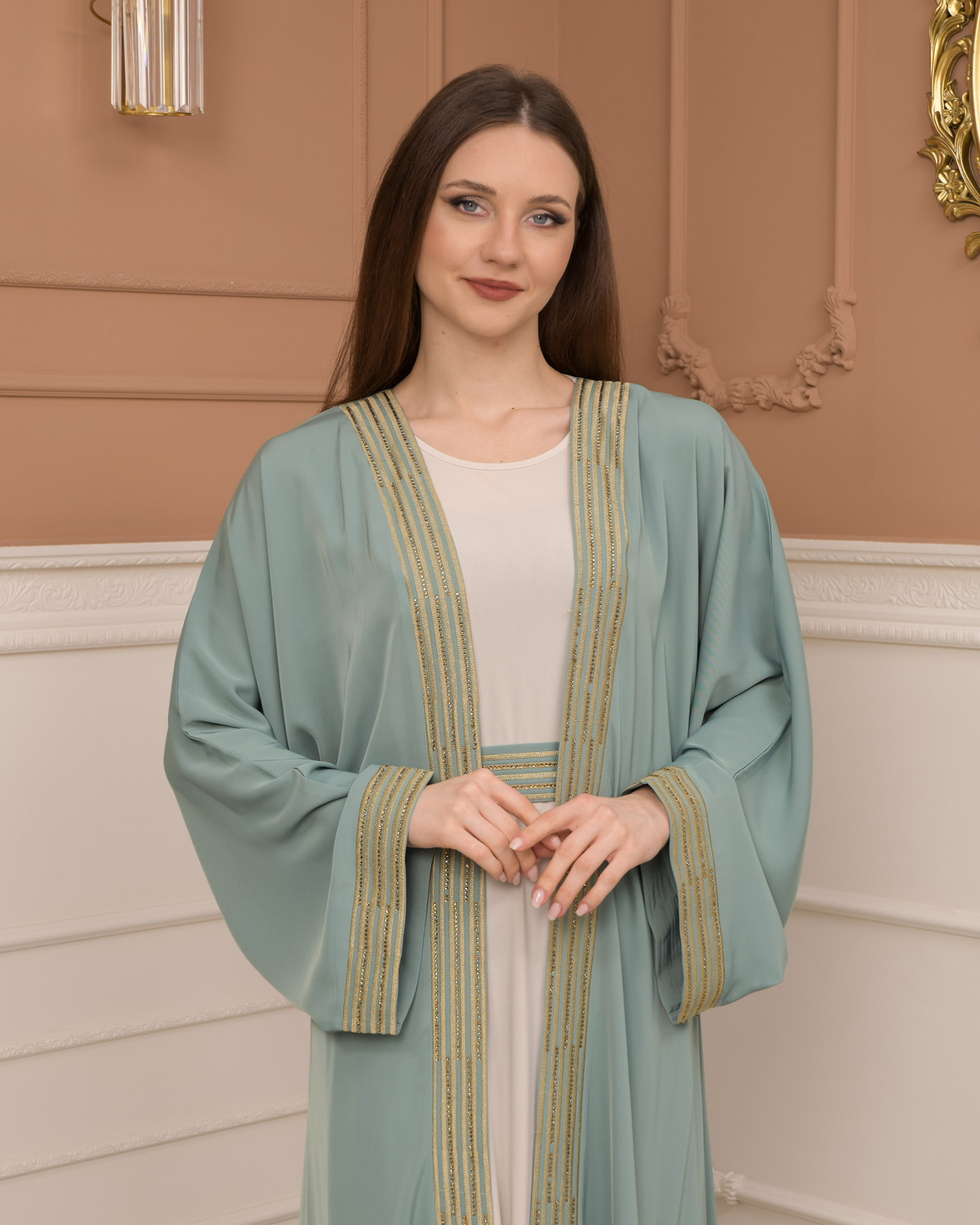 2-PIECE SET EMBROIDERED ABAYA AND DRESS 680 - mint