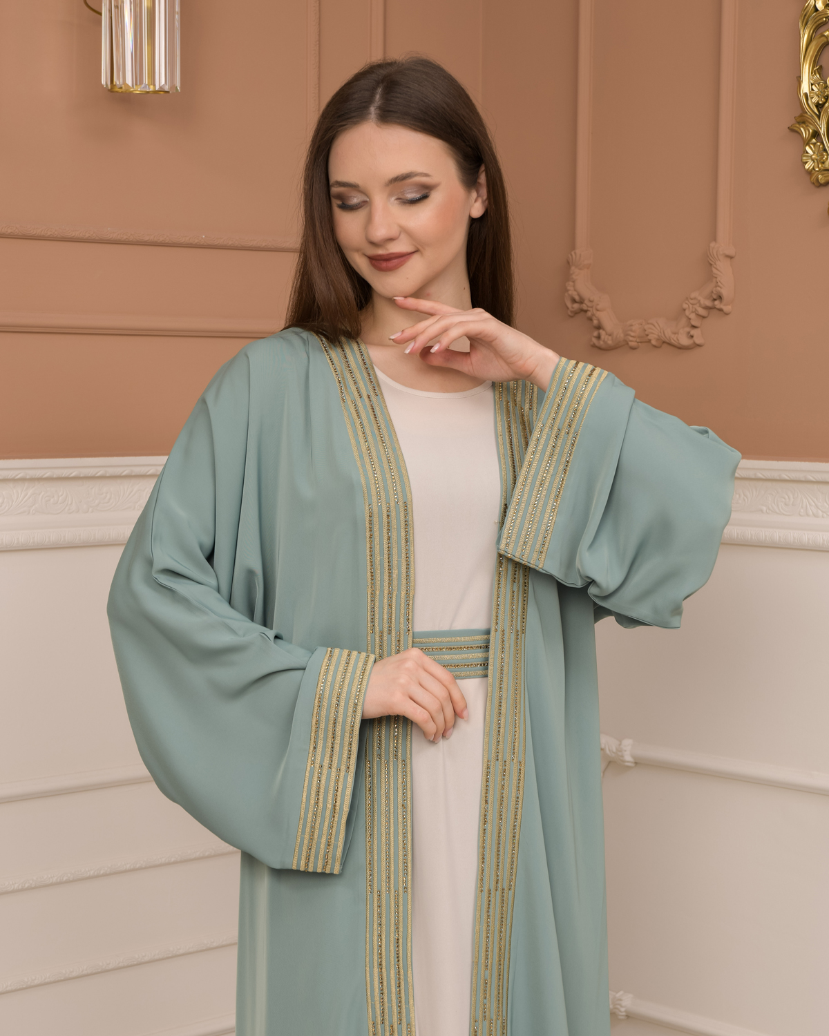 2-PIECE SET EMBROIDERED ABAYA AND DRESS 680 - mint