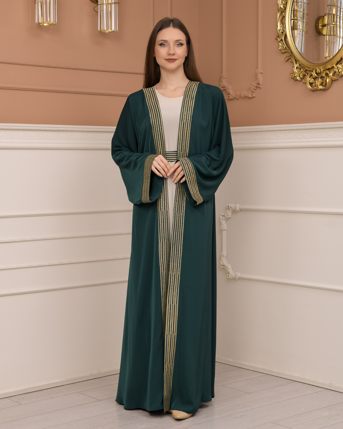 2-PIECE SET EMBROIDERED ABAYA AND DRESS 680 - green