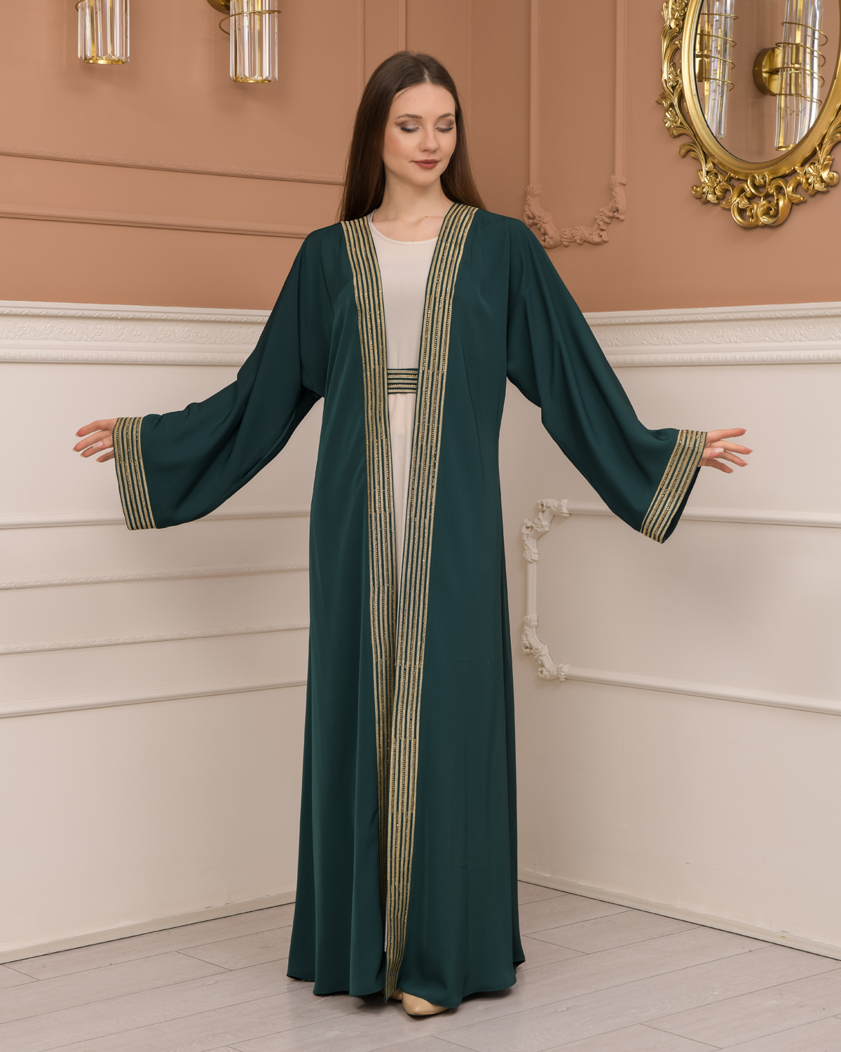 2-PIECE SET EMBROIDERED ABAYA AND DRESS 680 - green