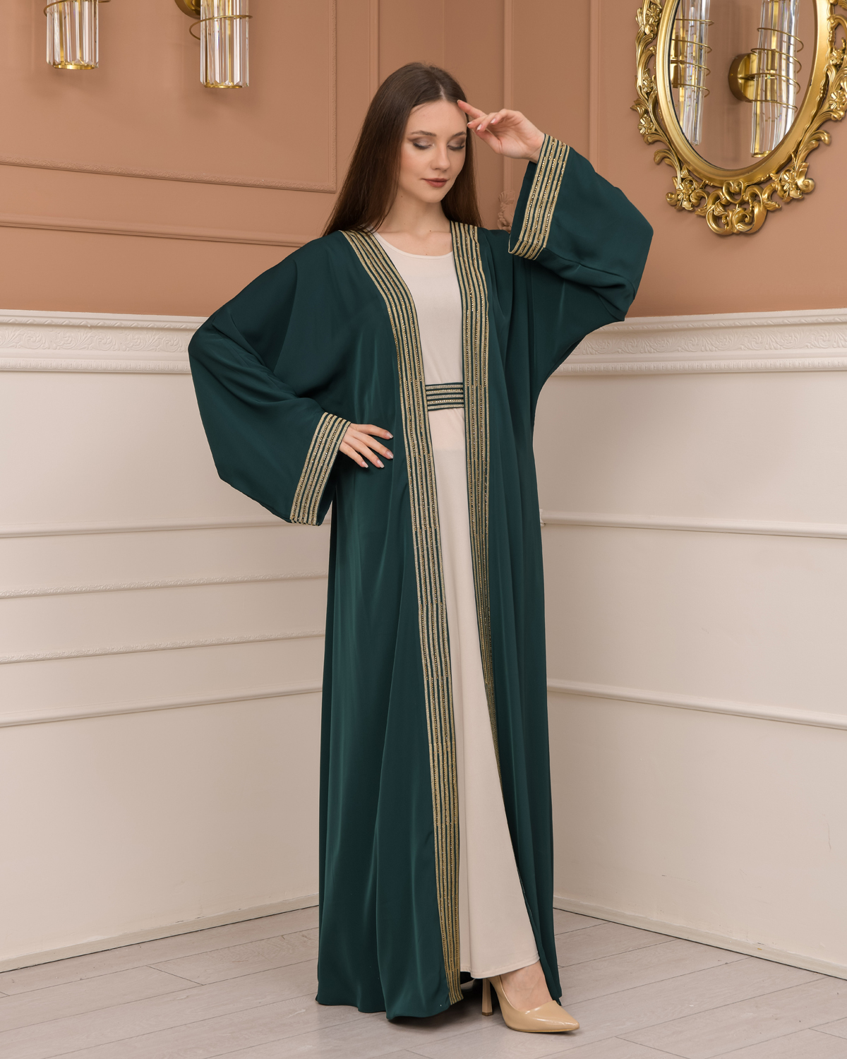 2-PIECE SET EMBROIDERED ABAYA AND DRESS 680 - green