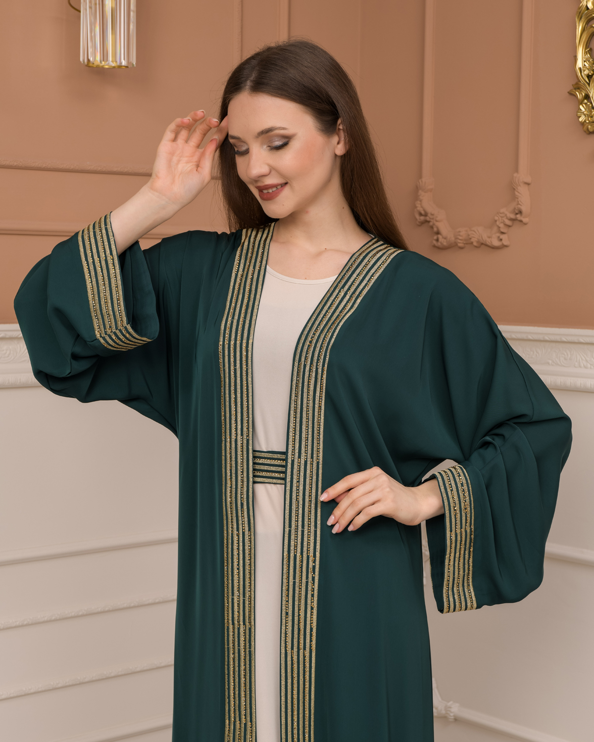 2-PIECE SET EMBROIDERED ABAYA AND DRESS 680 - green