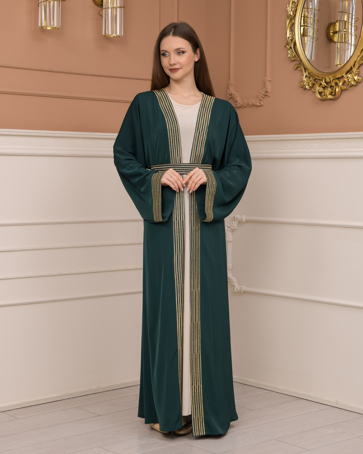 2-PIECE SET EMBROIDERED ABAYA AND DRESS 680 - green