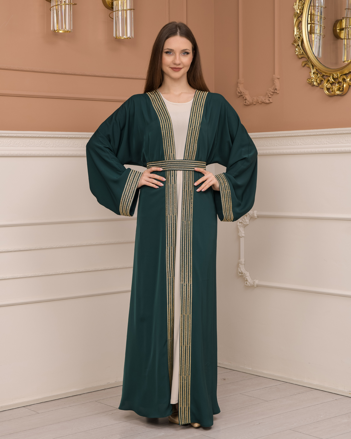 2-PIECE SET EMBROIDERED ABAYA AND DRESS 680 - green