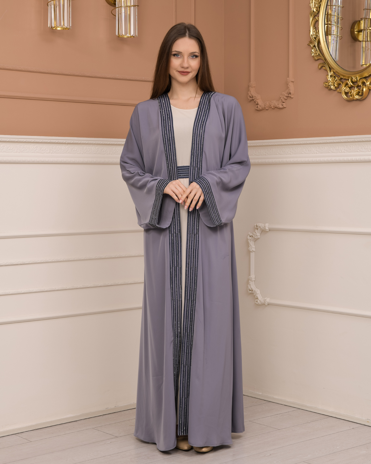 2-PIECE SET EMBROIDERED ABAYA AND DRESS 680 - gray