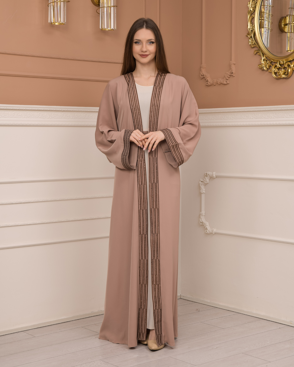 2-PIECE SET EMBROIDERED ABAYA AND DRESS 680 - beige