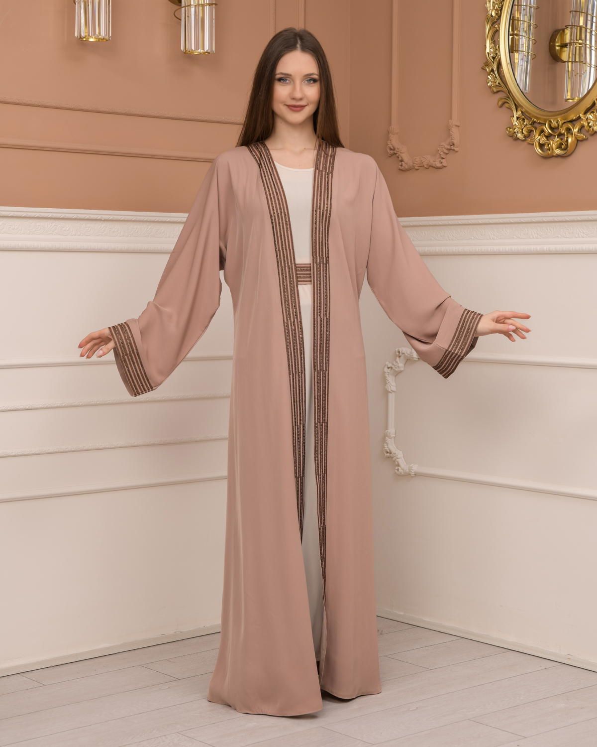 2-PIECE SET EMBROIDERED ABAYA AND DRESS 680 - beige