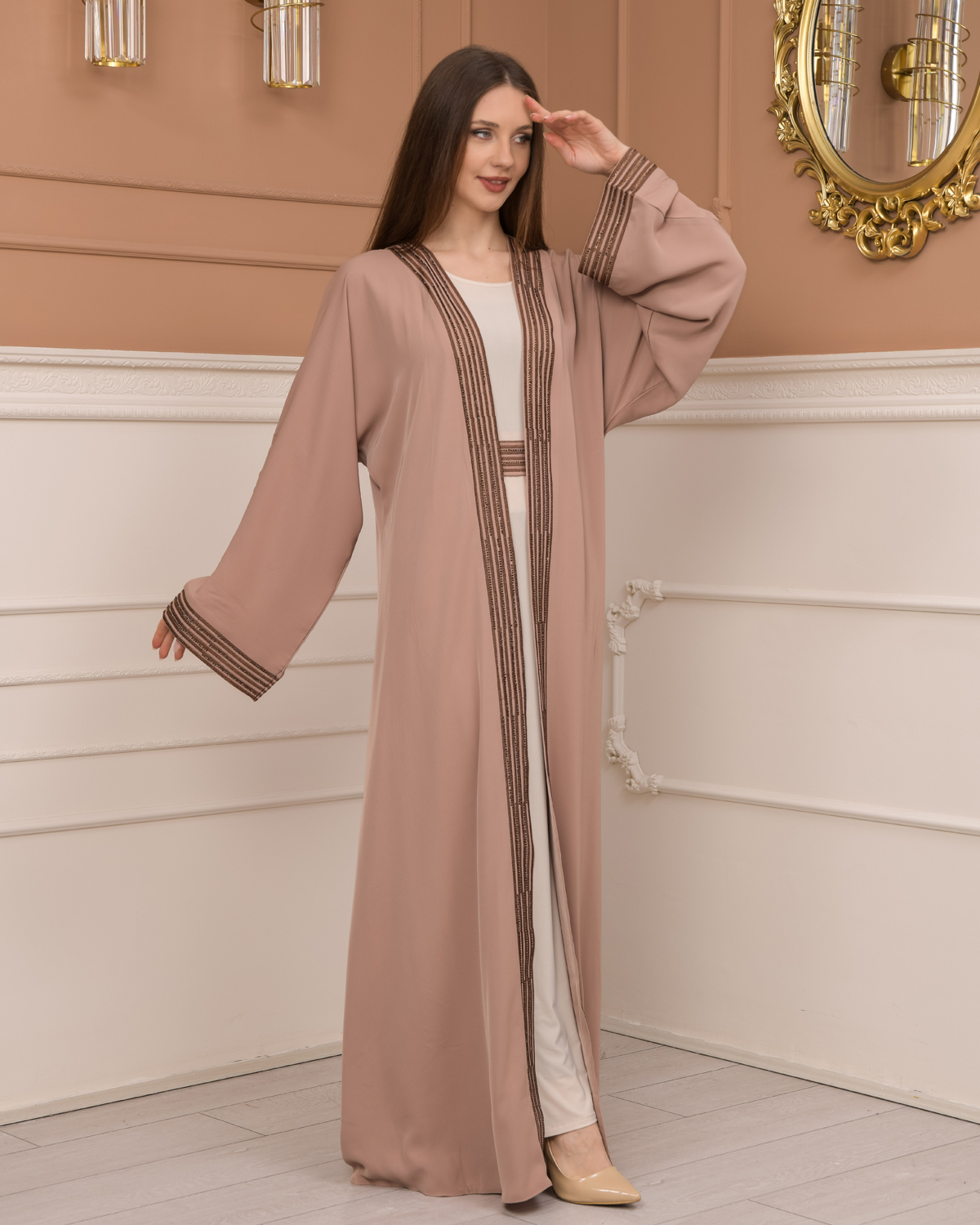 2-PIECE SET EMBROIDERED ABAYA AND DRESS 680 - beige