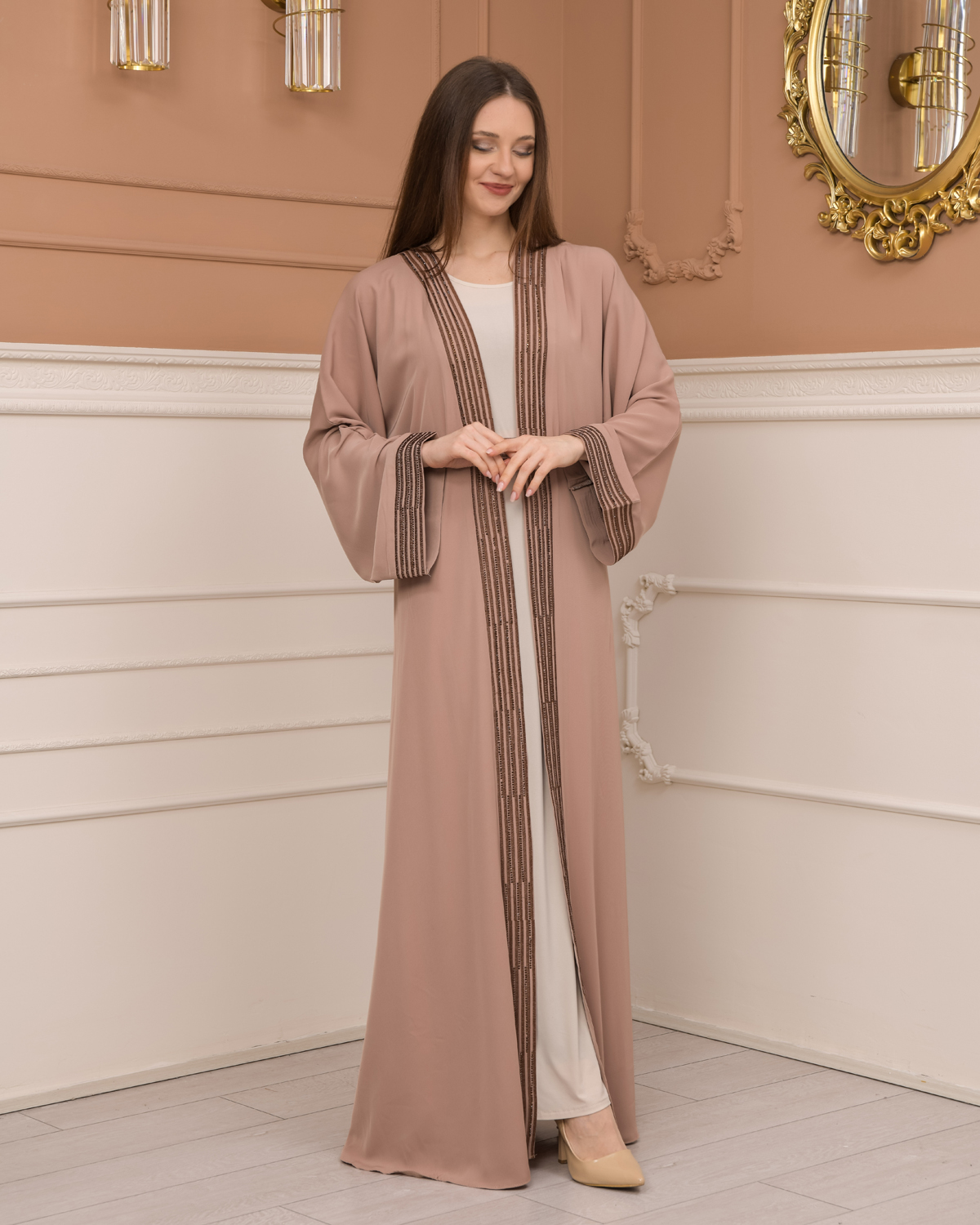 2-PIECE SET EMBROIDERED ABAYA AND DRESS 680 - beige