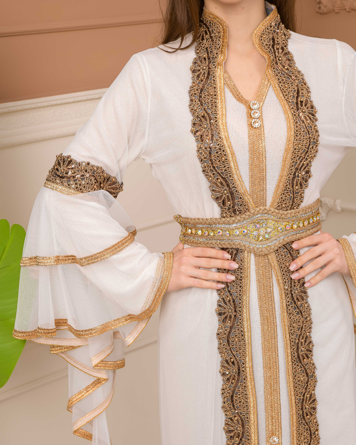 A two piece caftan with lace sleeves 4105 white 0410503800 1012 OUTER WEAR Kaftan Moda Mix