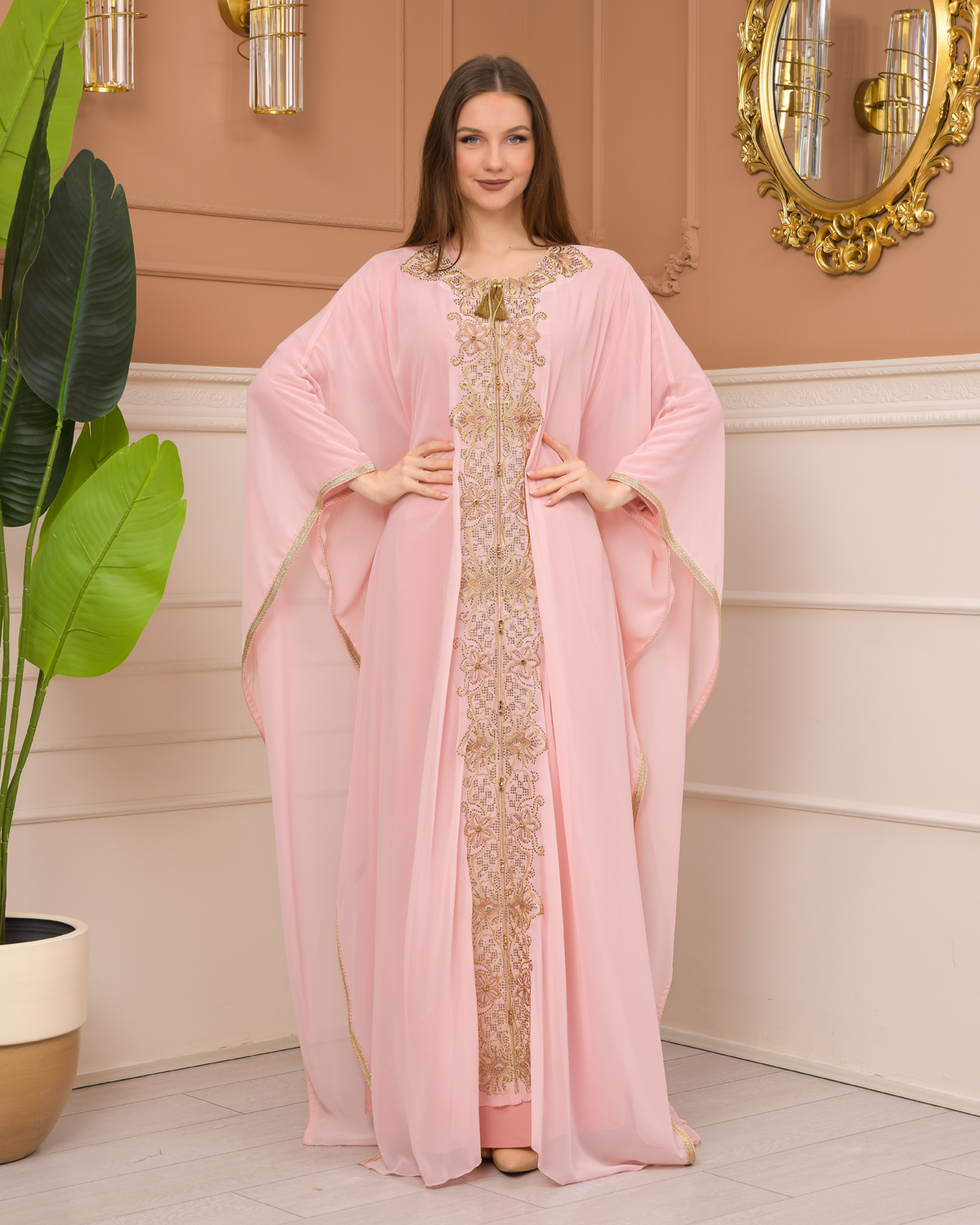 2 Piece Set Stone Embroidered Batwing Abaya Dress 682 pink 0682035000 974 HIJAB CLOTHING Hijab Abaya Moda Mix