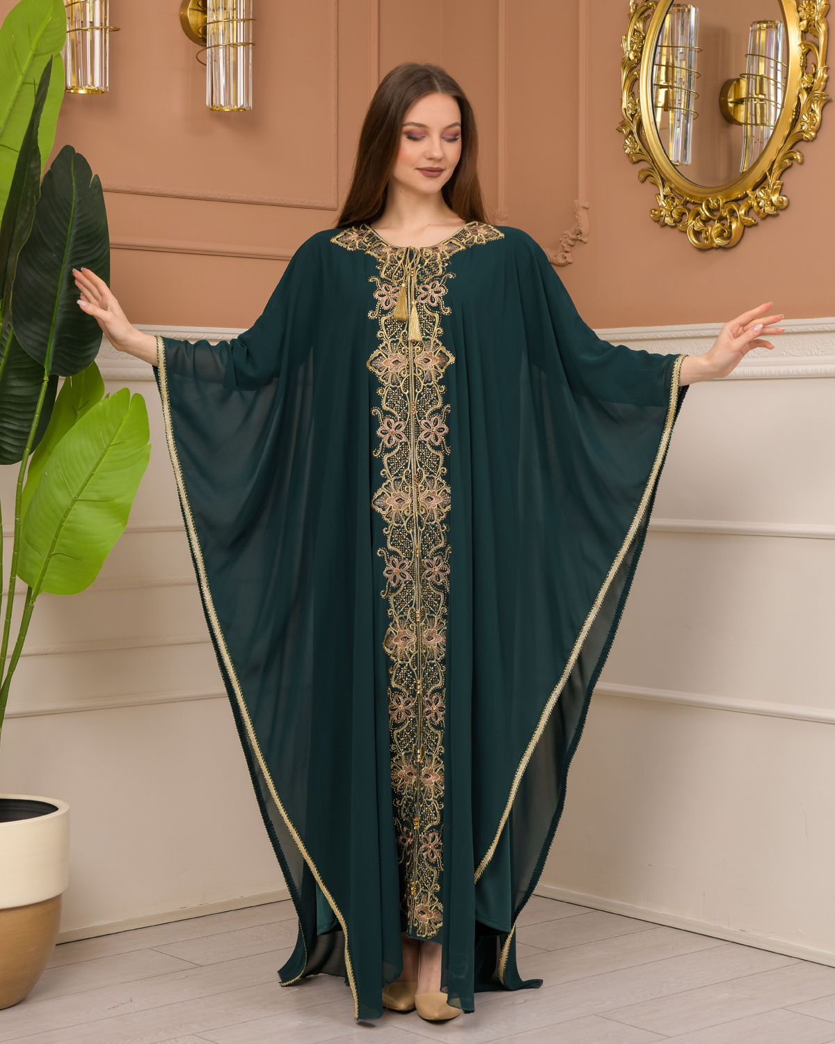 2-Piece Set Stone Embroidered Batwing Abaya & Dress 682 - green